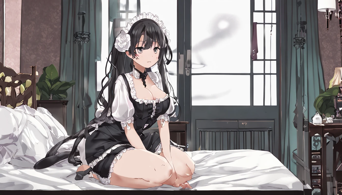 huge-breasted、beautiful a girl、high-level image quality、Like a shot with an SLR、Goth Loli Fashion、Lolita Fashion、maid clothes、Maids、big breast beauty、Shoulders are out、on the beds、Close your eyes、Open your mouth、Bold Seycy Pose、s ass、underpants