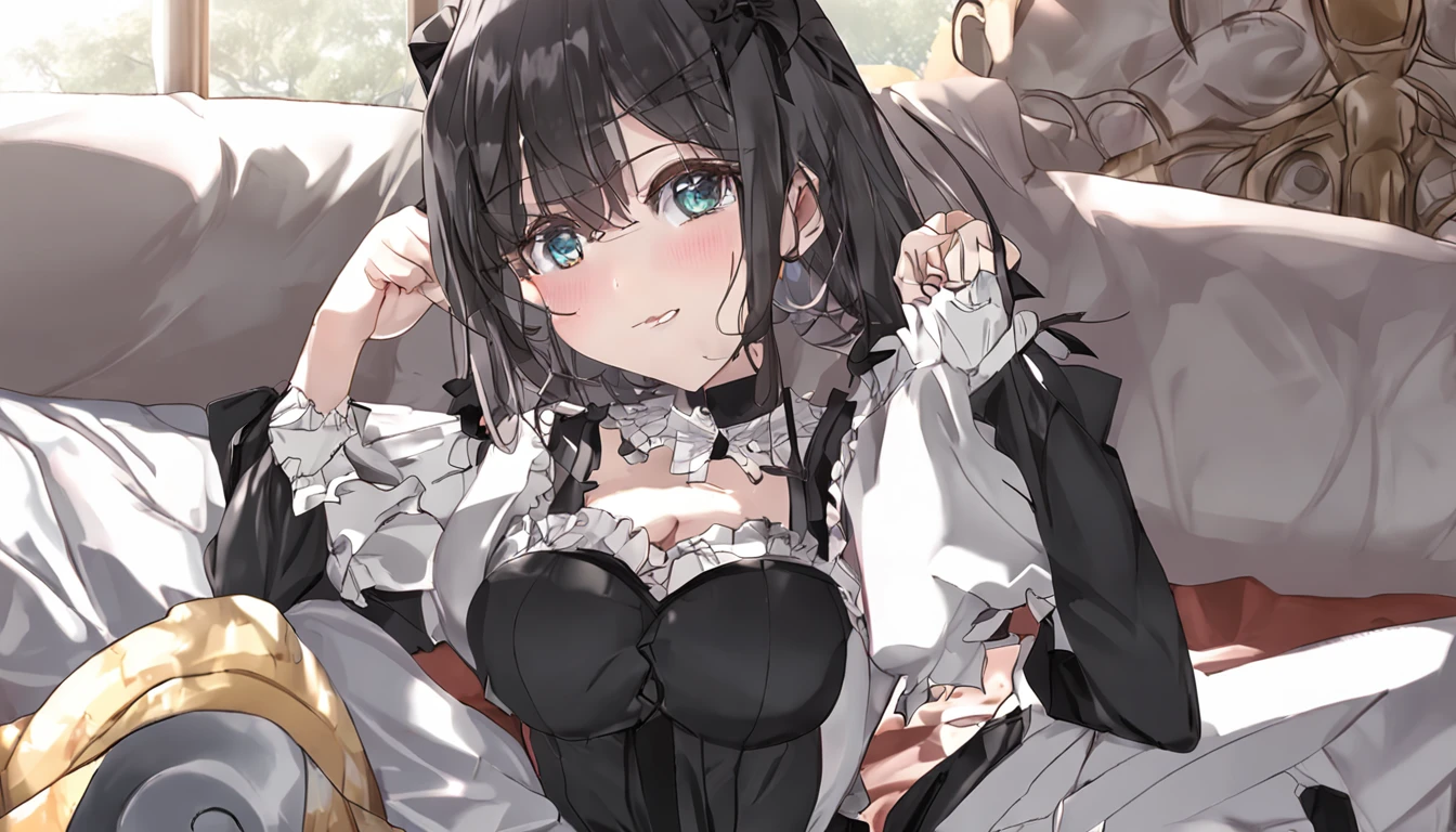 huge-ed、beautiful a girl、high-level image quality、Like a shot with an SLR、Goth Loli Fon、Lolita Fasaid clothes、Maids、big breast beauty、Shs are out、on the beds、Close your eyes、Open your mouth、Bold Seycy Pose、s ass、underpants