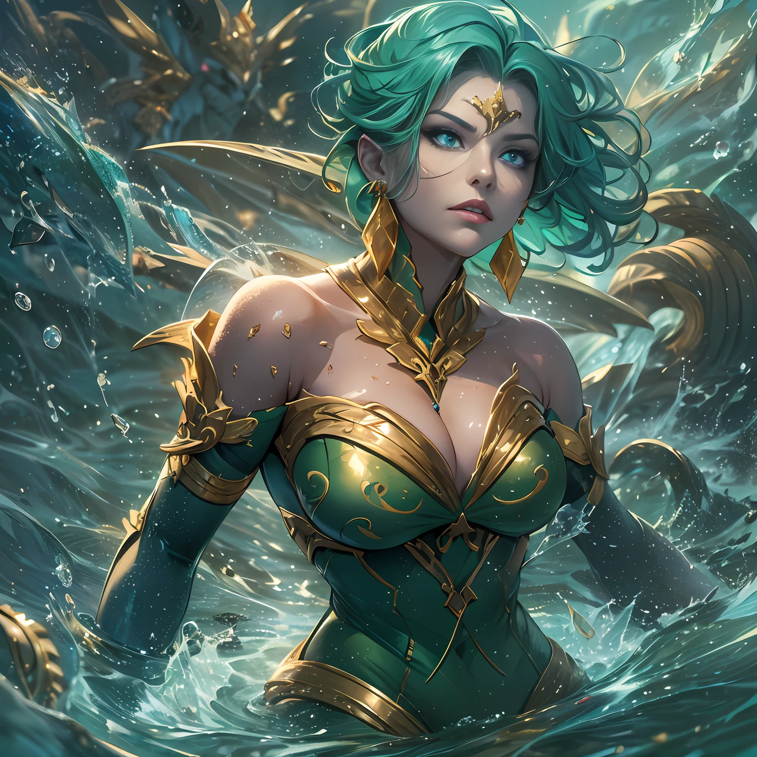 (Masterpiece, best quality, highres) intricate detail, dramatic lighting, realistic drawing, (((HD 4K))), solo, female, (((blue skin))), (((inhuman skin))), emerald eyes, triton ears, (((short green hair))), serious expression, fierce expression, athletic body, lean body, muscular arms, (((mercenary outfit))), (((gold earrings)))), running into combat, controlling the water around her, standing in water, bare_shoulders, glaring, cleavage, curvy body, closed_mouth, sitting on a throne, looking down, hair parted, no bangs