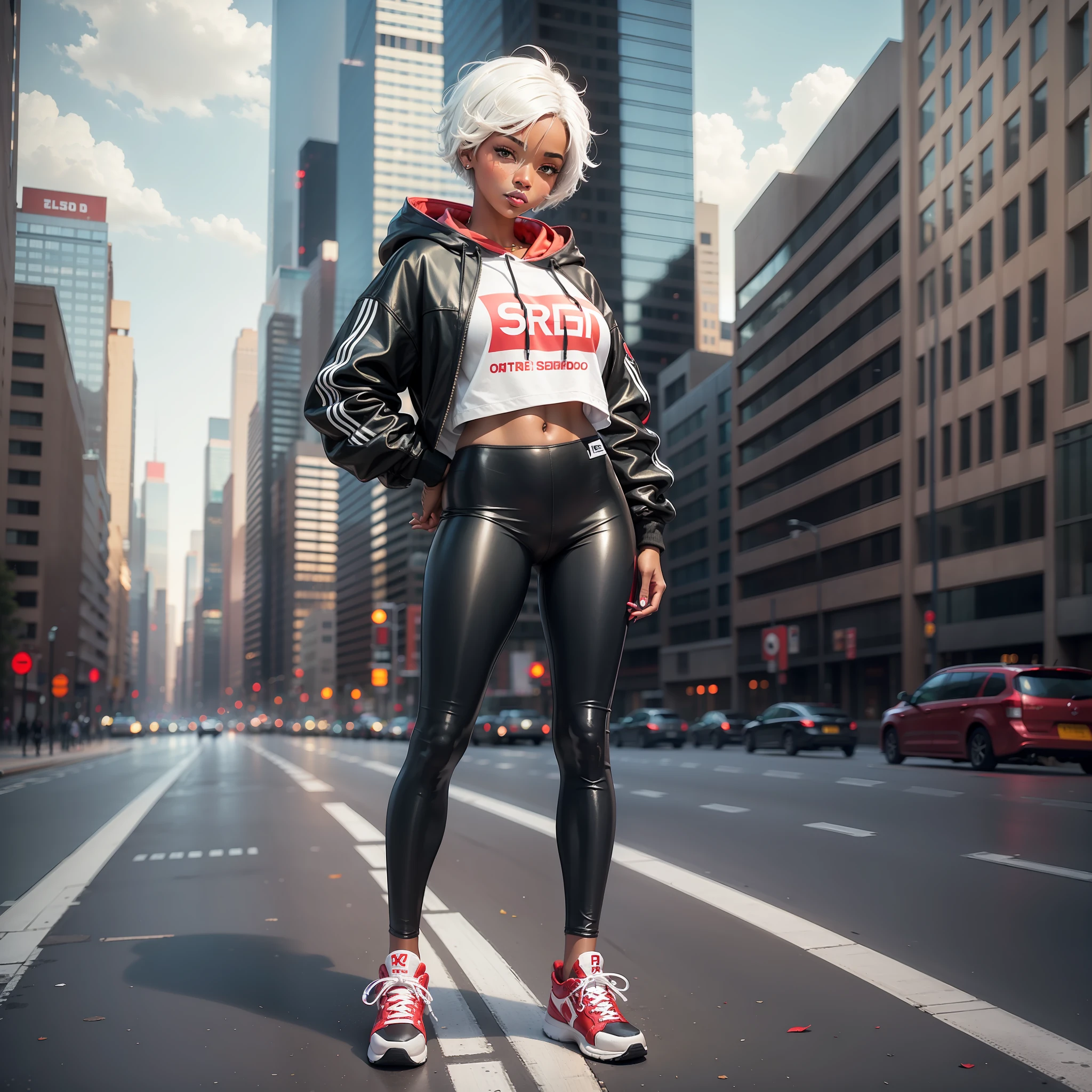 A ebony girl dressed in leggings and a hoodie, short white hair, dressed in red shoes, against the backdrop of skyscrapers, stands on the road