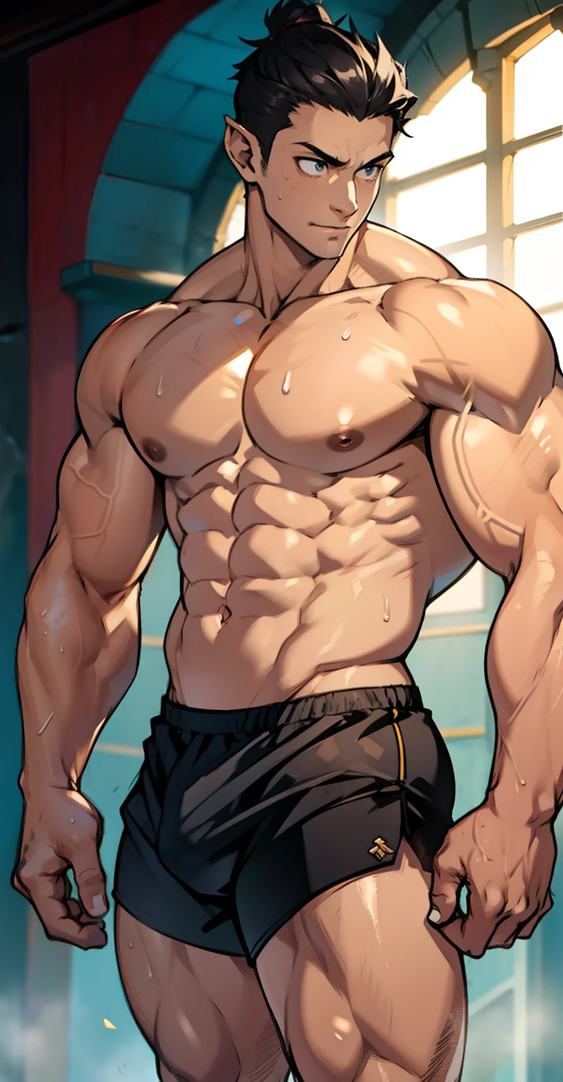 (straight photo)(highest quality photo) elf boy,no beard,cute young face,royal,wearing tight black briefs,short briefs revealing huge muscular thighs,shorts bulging in the middle due to genitals, cute young face, anime hairstyle, huge muscular pectoral muscles, big strong thighs and sinewy muscles, muscular biceps, huge body , topless, white skin, super shiny skin, sweat dripping