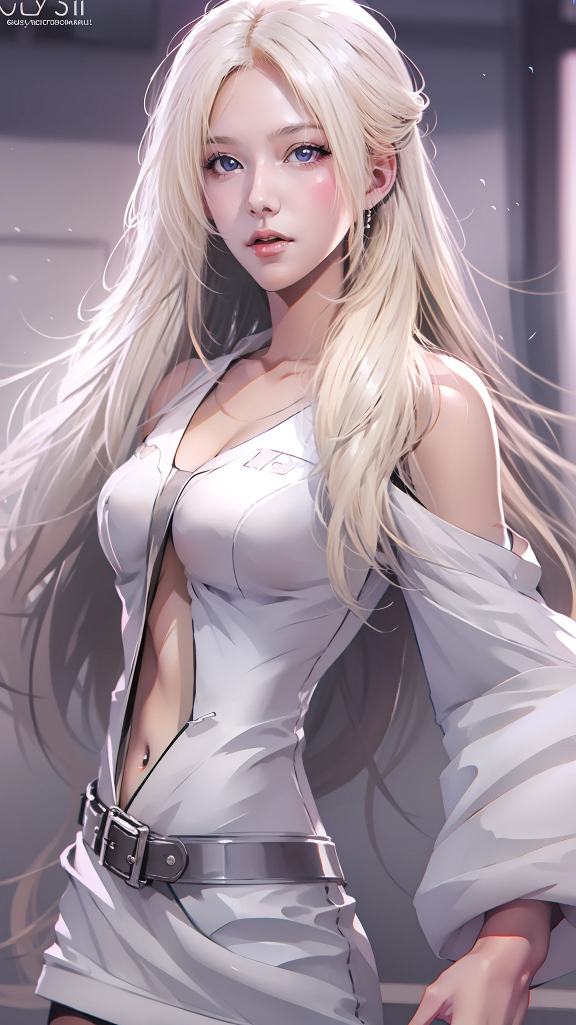 Blonde haired girl，Long white hair posing for photos, an anime drawing by Yang J, Pisif, Digital art, Girl with white hair, Photorealistic anime, Perfect white haired girl, Guviz, a beautiful anime portrait, Stunning anime face portrait, Guviz-style artwork, hyper realistic anime, long  white hair, with long white hair，Super big breasts，exposed。