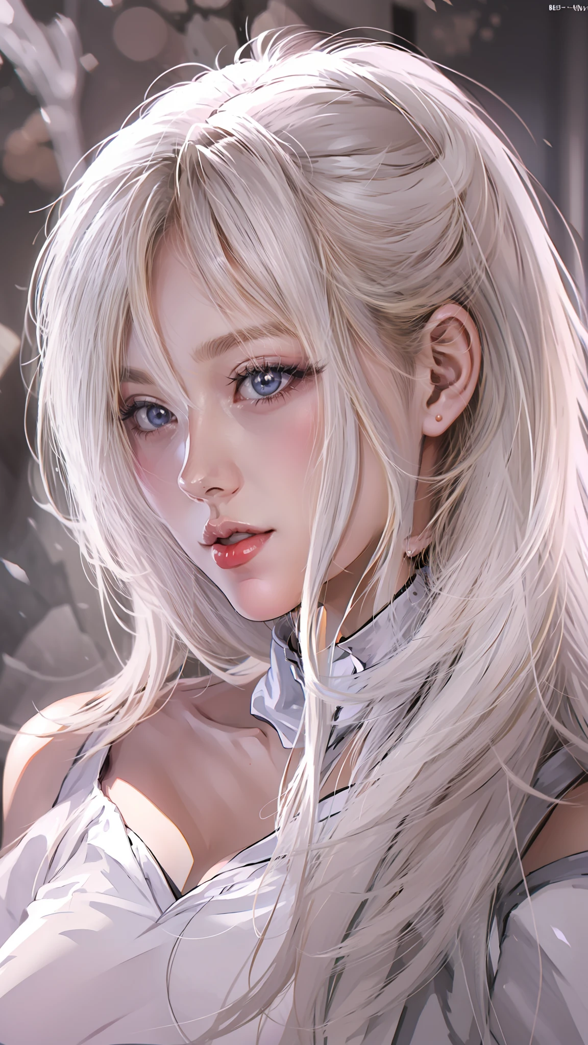 (high textured:1.2,Detailed depiction:1.3),((eBlue eyes+White hair:1.3+blond hairbl:1.2 maiden of 2),Key female image),In a fantasy environment,eyes glowing,Surreal painting,Presents an artistic germ style(Art germ:1.2),Inspired by artstation、pixiv and IG model accounts(0.8)。