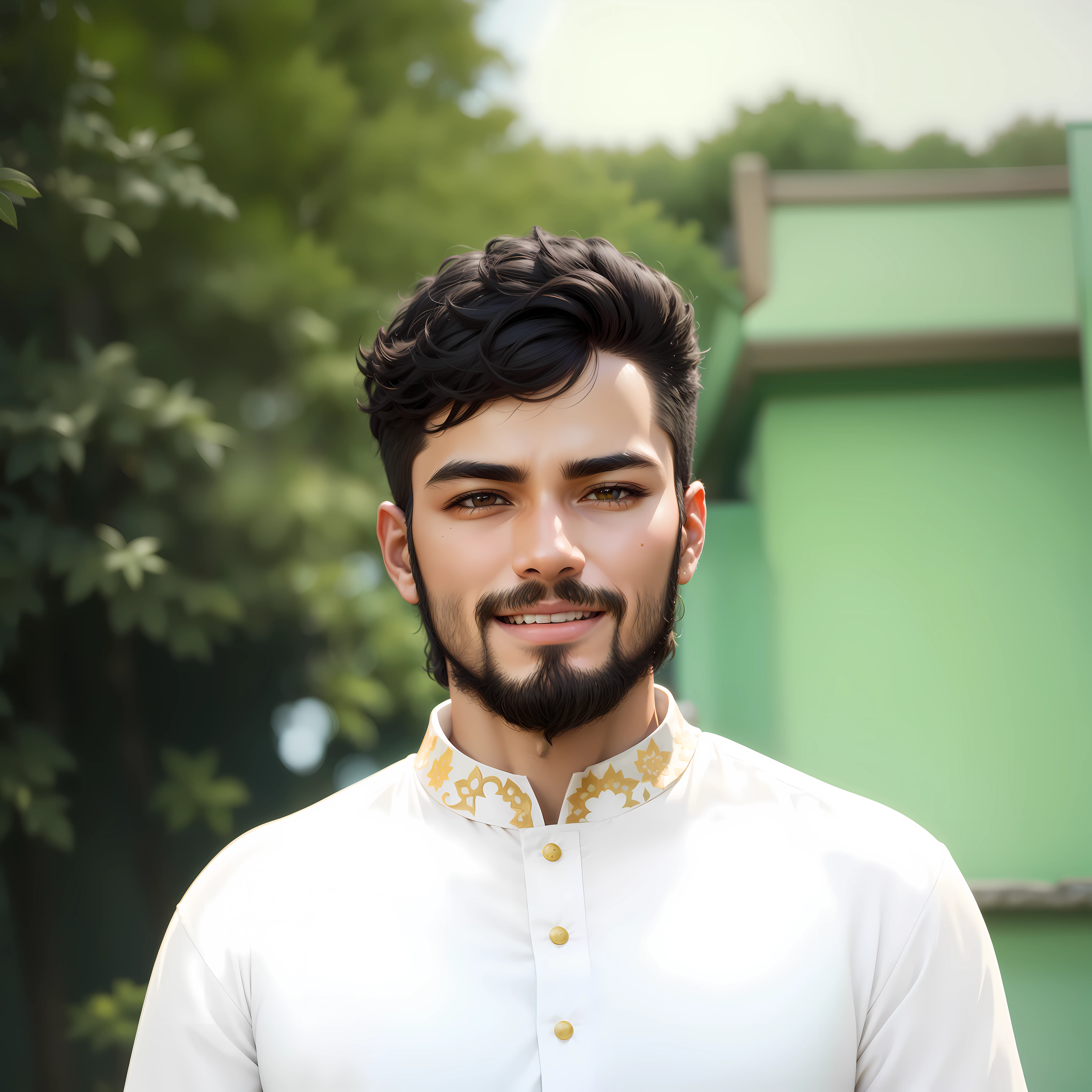 "Generate an anime-style artwork that beautifully fuses Islamic culture with a joyful atmosphere. Craft a scene showcasing a vibrant mosque courtyard adorned with exquisite geometric patterns. Within the courtyard, depict a group of characters dressed in modest yet cheerful attire, engaging in a lively discussion or an activity that embodies positivity. Pay meticulous attention to the characters' faces, ensuring they wear warm smiles and exhibit diverse expressions of happiness. Combine intricate facial details with the serene surroundings, blending Islamic artistry with the charm of anime aesthetics."
