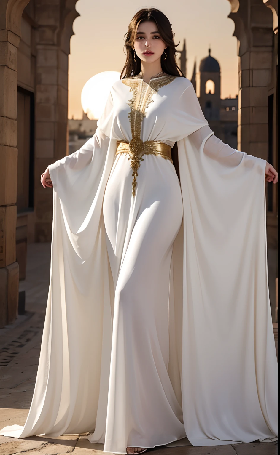 Realstic, 8k, 1girl very beautiful European beauty, longs cheveux blancs en queue de cheval, , heterochromic eyes, moles under the eyes, thick eyebrows, The Moroccan caftan black golden moon behind covers its entire body of different design