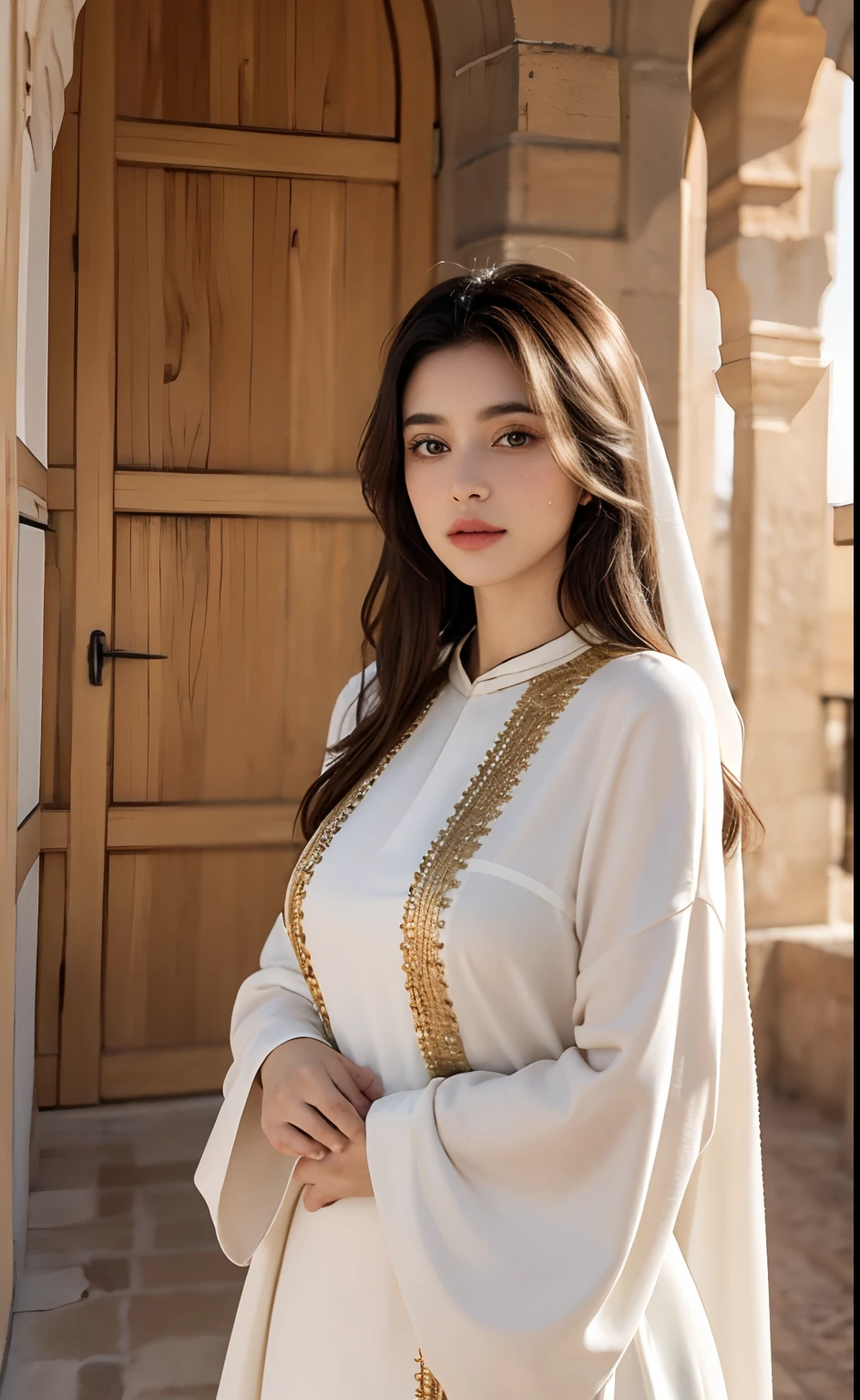 Realstic, 8k, 1girl very beautiful European beauty, longs cheveux blancs en queue de cheval, , heterochromic eyes, moles under the eyes, thick eyebrows, The Moroccan caftan black golden moon behind covers its entire body of different design