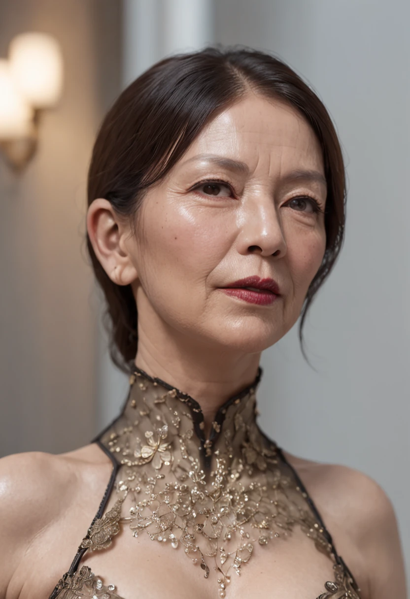 (nsfw:1.5) (65 years old:1.5) (nipples are protruding :1.5) Siwati on the face))), (((masutepiece))), Solo, Super Fine Photo, full body picture Unreal Engine 5 8K UHD, Beautiful woman, curvaceous woman, Details of face, Wearing a gold lace skin tight latex catsuit, latex collar, Latex Gloves, Latex long socks with strap, arm and leg cuffs, Unified 8K Wallpaper, Hyper Detailed, Sharp Focus, Walking through the city of the future.