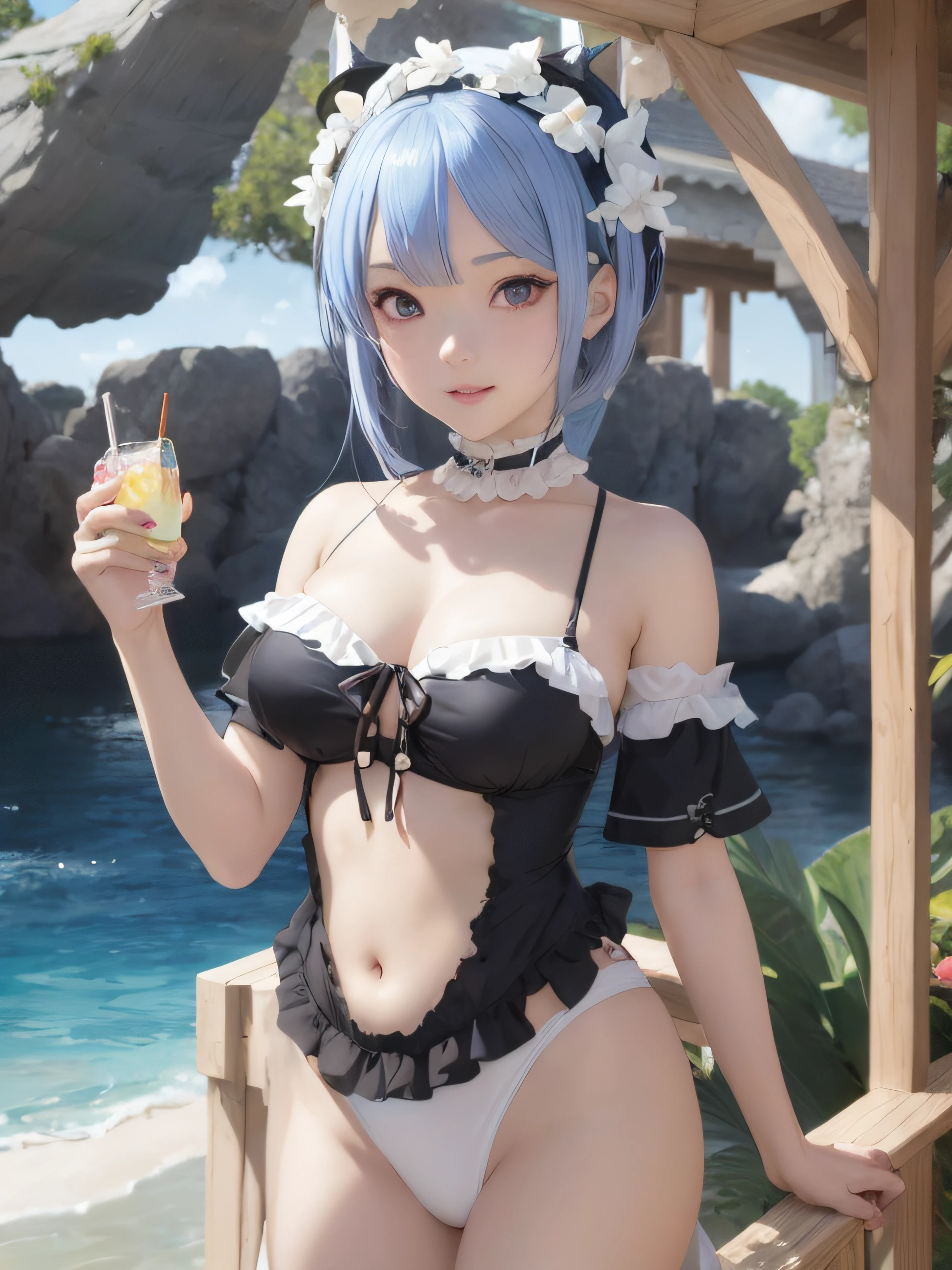 Anime - Style image of a woman in a bikini and drinks, rem rezero, Lori, realistic bikini, Swimsuit, Seductive Anime Girl, pixiv 3dcg, guweiz, photorealistic anime girl render, wearing a swimming wear, anime highly detailed, artwork in the style of guweiz, small curvy loli, Smooth Anime CG Art