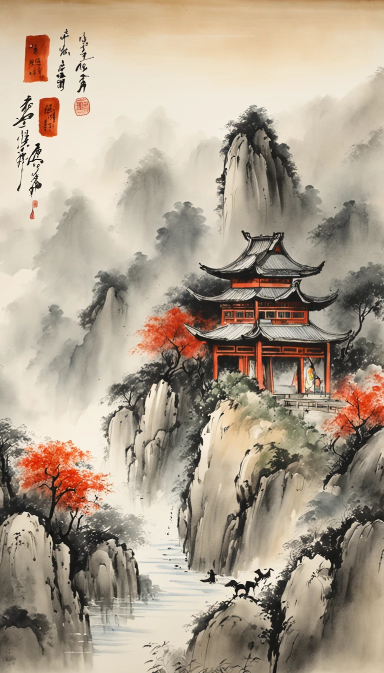 Chinese landscape painting,ink and watercolor painting,water ink,ink,Smudge,Faraway view,Ultra-wide viewing angle,Meticulous,Light boat in the distance,Faraway view,Meticulous,Smudge,low-saturation,Low contrast,The light boat has crossed the Ten Thousand Heavy Mountains,Beautifully depicted,A detailed,acurate,Works of masters,tmasterpiece