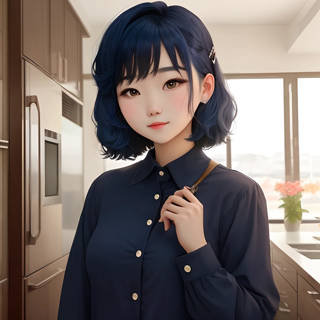 lovely girl with navy blue hair and crab claw clip, wearing beige shirt