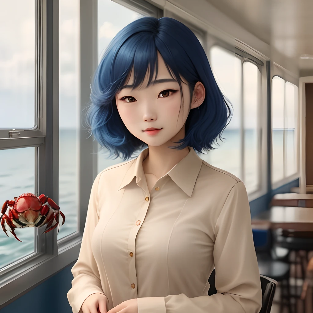 lovely girl with navy blue hair and crab claw clip, wearing beige shirt