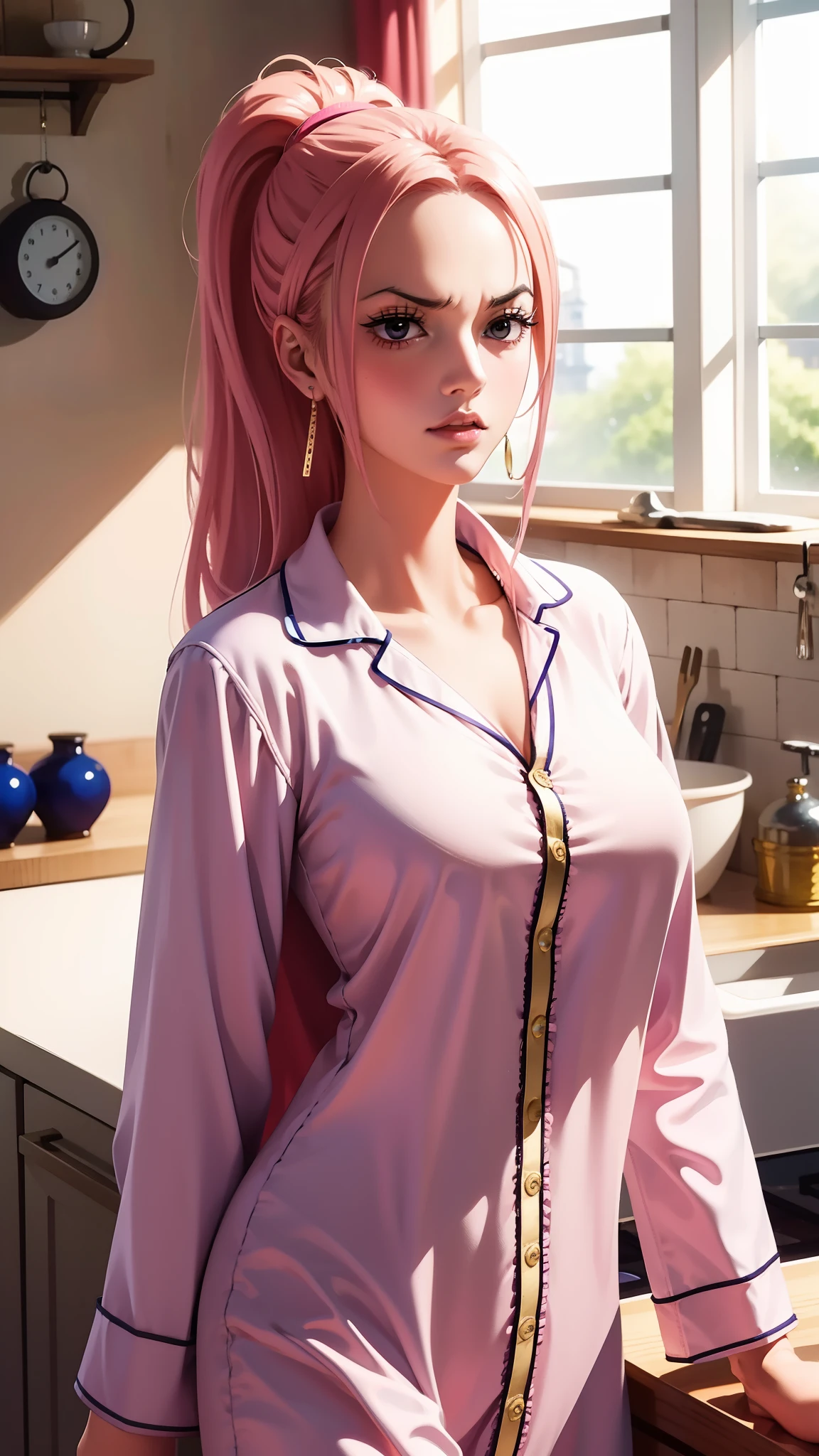 hina from anime one piece, long hair, pink hair, ponytail hair, perfect body, perfect breasts, beautiful woman, very beautiful, wearing white sleeping pajamas, nightgown, pajamas, wearing a watch wearing earrings, in the kitchen, dry kitchen, Realism, masterpiece, textured skin, super detailed, high detailed, high quality, best quality, 1080P, HD, 16k