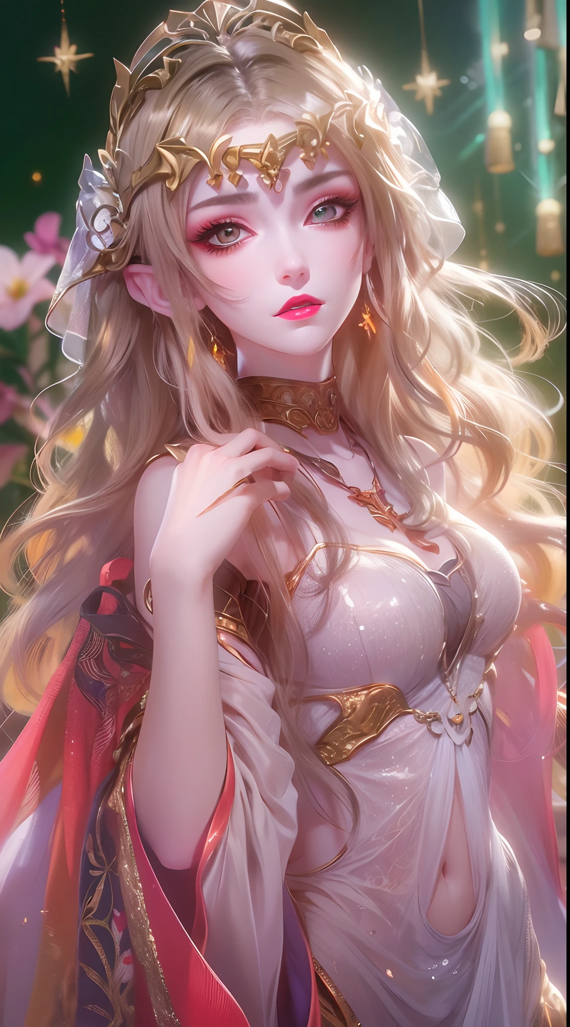 1 20 year old girl, 1 goddess Athena, (pink purple silk dress: 1.2), goddess Athena with spotless face, sexy thin yellow nightgown, long thin nightgown with many sexy black lace details, legendary saint, holy goddess icon, elegant female saint style glitter, dark and mysterious version, holy woman crown, burgundy lips, thin and beautiful lips, dou kareni figure, no smile, no smile character, no smile detailed background, extremely detailed, sage ghost, (pure and spotless face: 1.9), holy female body . (big round eyes and very beautiful and detailed makeup: 1.8), meticulous makeup, silk nightgown, mysterious makeup, Bracelet, bangs and dyed light blonde, upper body, (holy man): 1.8), drooping arms, concealed hands, vivid realism, (stars that make up the sky: 1.7), (best heaven and gates: 1.8k, best quality, timeless art, 8k best quality, highest resolution, 8k quality, best quality photos, , surreal, best real life photo, goddess art photo, 1 saint icon as background, portrait of a saint, truest color palette, best photo color, masterpiece, hair decoration, necklace, jewelry, pretty face, upper body, brand effect, real photo, dark studio, high detail, white ds, lr light, soft light, quality, bok, high resolution, photo mke smooth and sharp, 10x pixel increase, sexy goddess, sexy goddess, (backspace: 1.8), (galaxy: 1.7) ), aurora, lightning, (best aurora and flower eyes, beautiful eyes