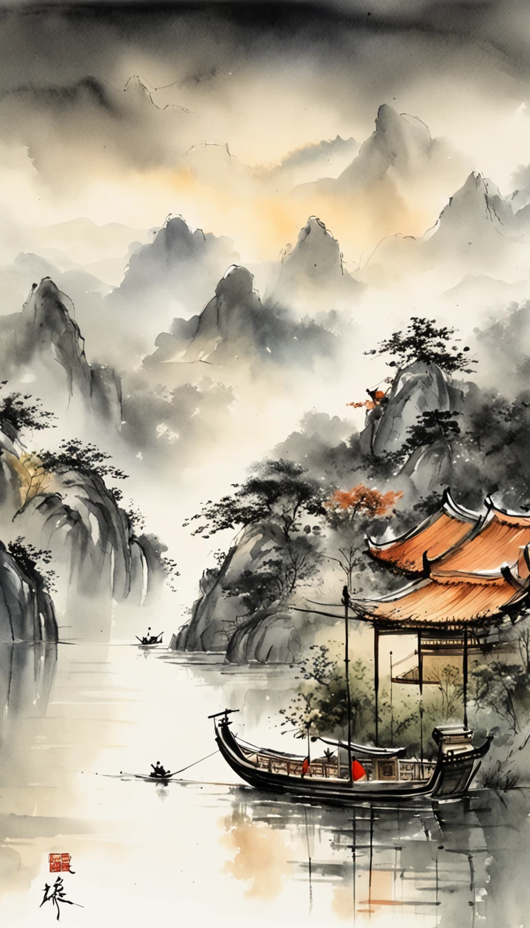 Chinese landscape painting，ink and watercolor painting，water ink，ink，Smudge，Faraway view，Ultra-wide viewing angle，Meticulous，Fishing boat vistas，Meticulous，Smudge，low-saturation，Low contrast，The light boat has crossed the Ten Thousand Heavy Mountains，Beautifully depicted，A detailed，acurate，Works of masters，tmasterpiece