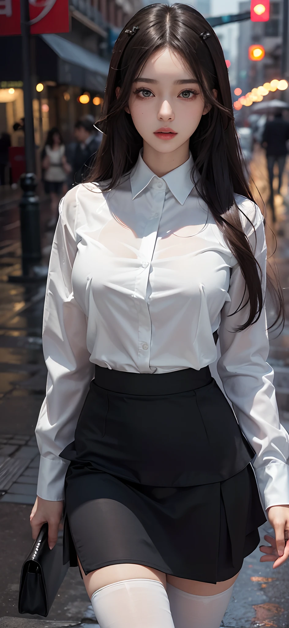 ((Best quality, 8k, Masterpiece :1.1)), Sharp focus :1.2, A Pretty Girl with perfect figure :1.4, Slender abs :1.2, ((Layered long hair, Big breasts :1.2)), (White tight shirt :1.3), office wear, very short black skirt (Sultry) ((Aroused: 1.5)), night: 1.5, (Black pantyhose), Open shirt show , Rain :1.5, Street:1.3, Highly detailed face and skin texture, Detailed eyes, Double eyelid