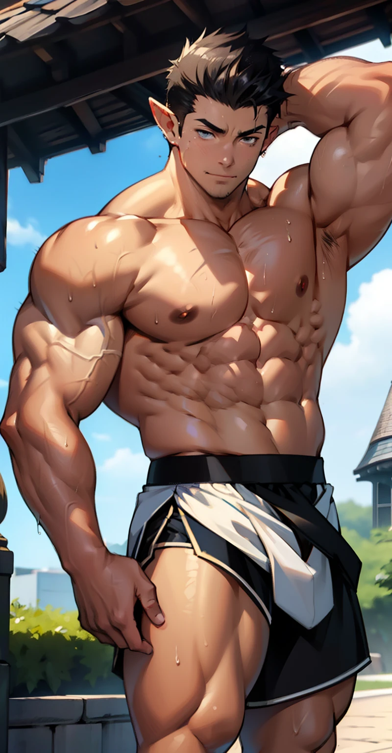 (straight photo)(highest quality photo) elf boy,no beard,cute young face,royal,wearing tight black briefs,short briefs revealing huge muscular thighs,shorts  bulging in the middle due to genitals, cute young face, anime hairstyle that covers eyes, huge muscular chest muscles, big strong thighs and sinewy muscles, muscular biceps  giant body, topless, white skin, super shiny skin, sweat dripping