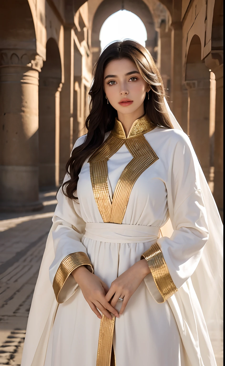 Realstic, 8k, 1girl very beautiful European beauty, longs cheveux blancs en queue de cheval, , heterochromic eyes, moles under the eyes, thick eyebrows, The Moroccan caftan black golden moon behind covers its entire body of different design