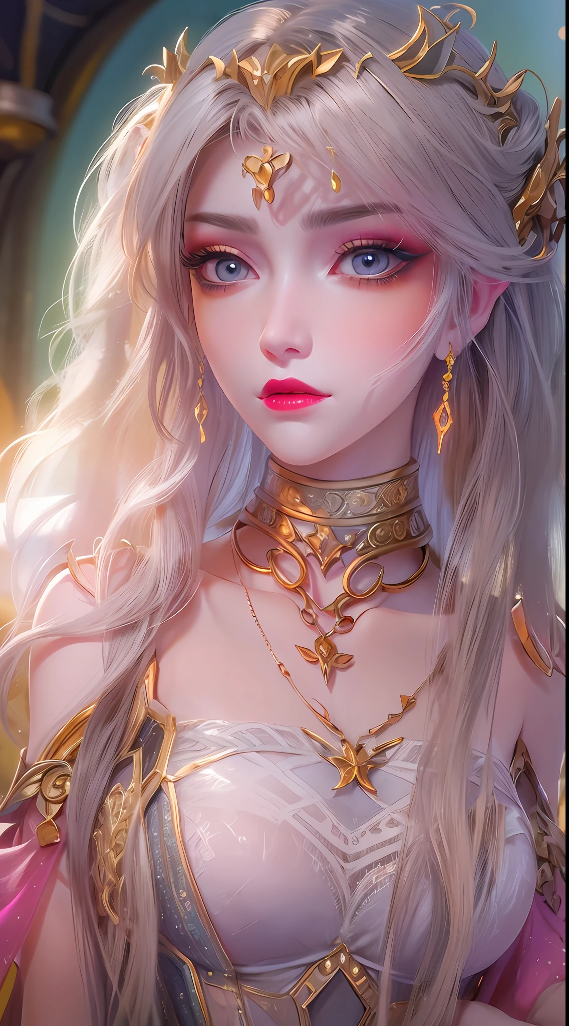 Superb and masterpiece, high resolution, best quality, UHD, super detail, award-winning, 16k, upper body, a beautiful girl, white hair, hair, (((golden eyes)), hanging eye corners, fair skin, small breasts, slender body, variety of white clothes