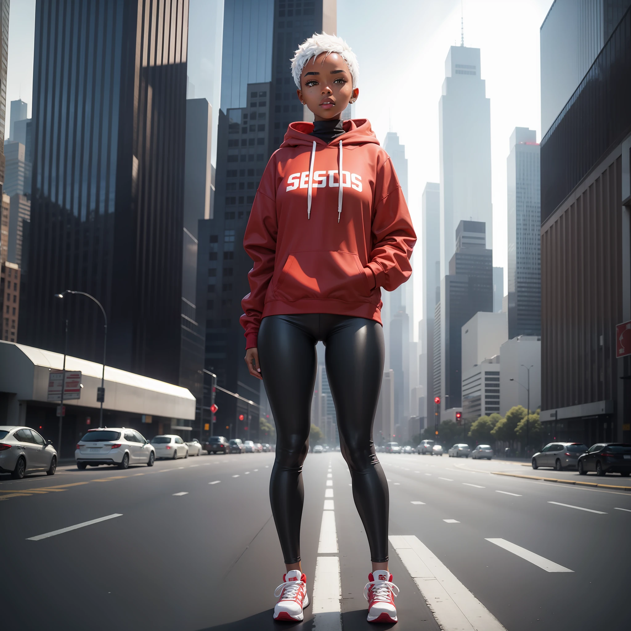 A  ebony girl dressed in leggings and a hoodie, short white hair, dressed in red shoes, against the backdrop of skyscrapers, stands on the road