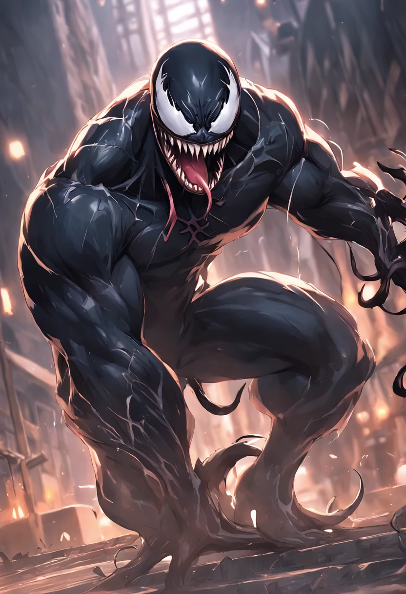 Q version of cute and cute venom，Marvel Venom，Full body like，Squat，Close-up，of a real，Facial features are carefully depicted，Realistic skin texture，Dark style，depth of fields，high light，Real light，Ray traching，oc rendered，Hyper-realistic，best qualtiy，8K，Works of masters，super-fine，Detailed pubic hair，Correct anatomy，sharp focus on eyes，Bokeh，Facial features are carefully depicted
