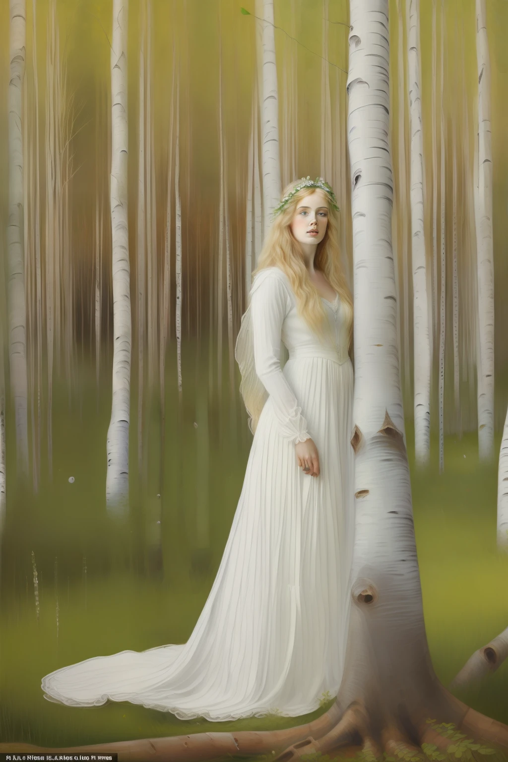 (((Pre-Raphaelite painting of a blonde Celtic fairy woman dressed in white in birch grove, sobrancelha, eye mark on birch trunk, floresta encantada celta)))