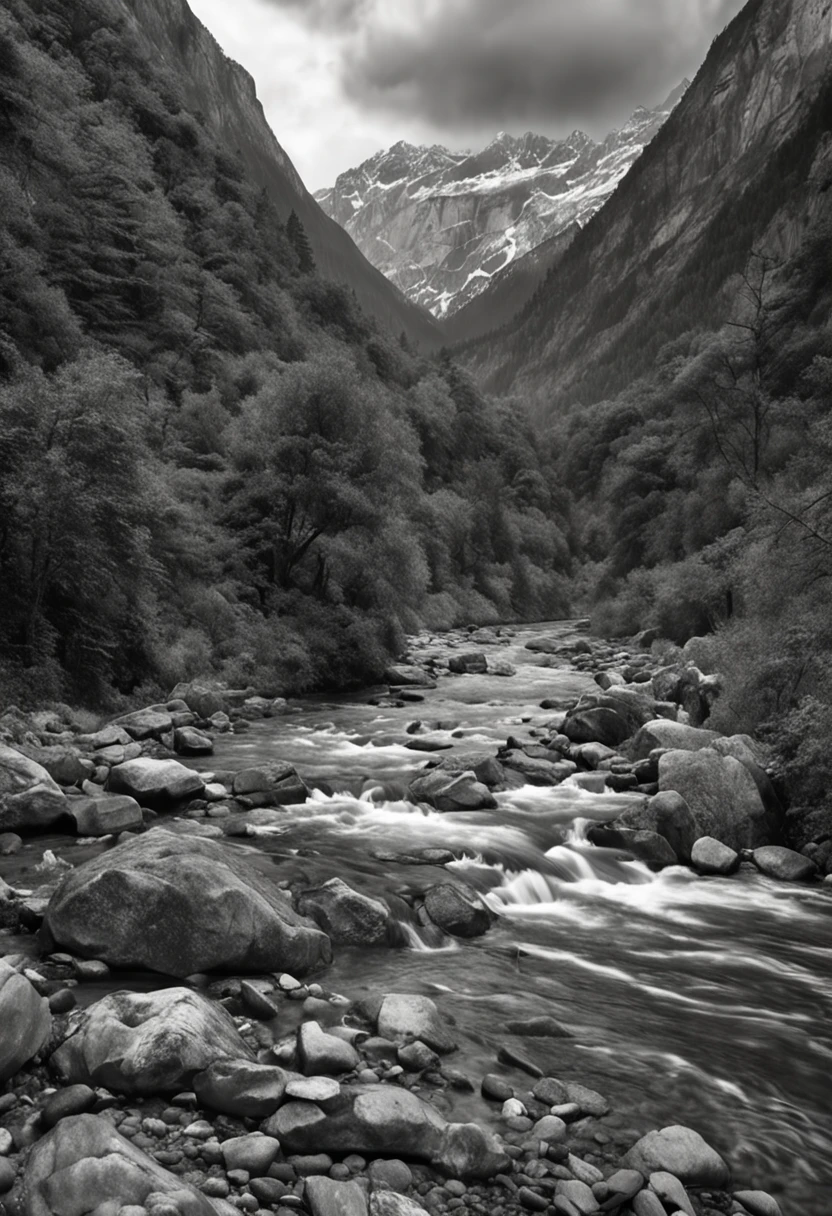 a large river is flowing; one old tramp with a long beard , a hat and a burdle, sitting by the river to watch the water flowing, depicted on the right side of the picture, face in direction of the flow, high resolution, hyperdetailed, hyperealistic, sharp focus, photo realistic, intricate details, black and white picture