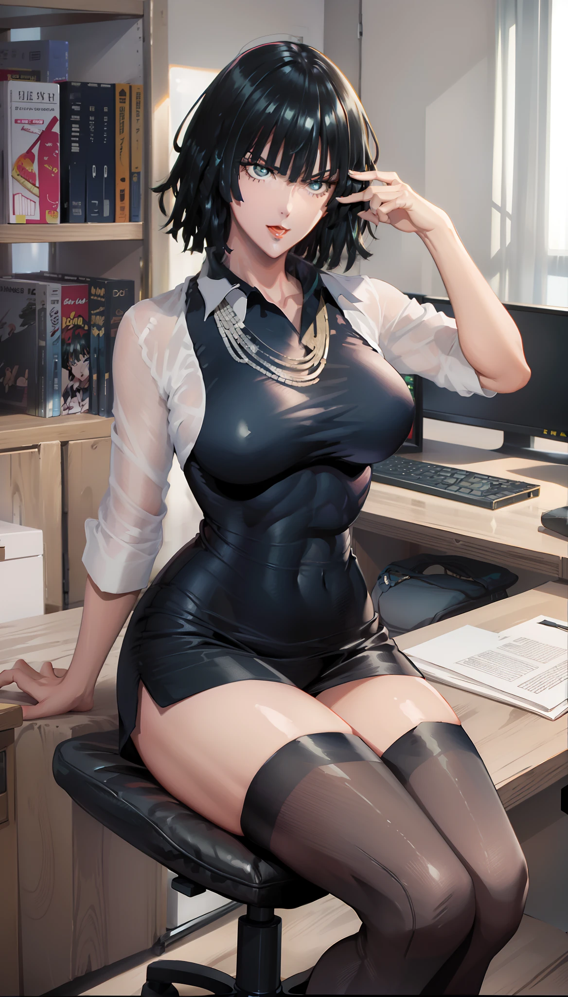 Girl, smile, red lips, shorts hair, black hair colors, big nose, big tits, fair skin, office clothes, white underwear clothes colors, navy outerwear colors, black tie colors, black stocking colors, Sit down pose, sexy body, sexy girl, sexy pose, elegant pose, beautiful girl, in room, realistic