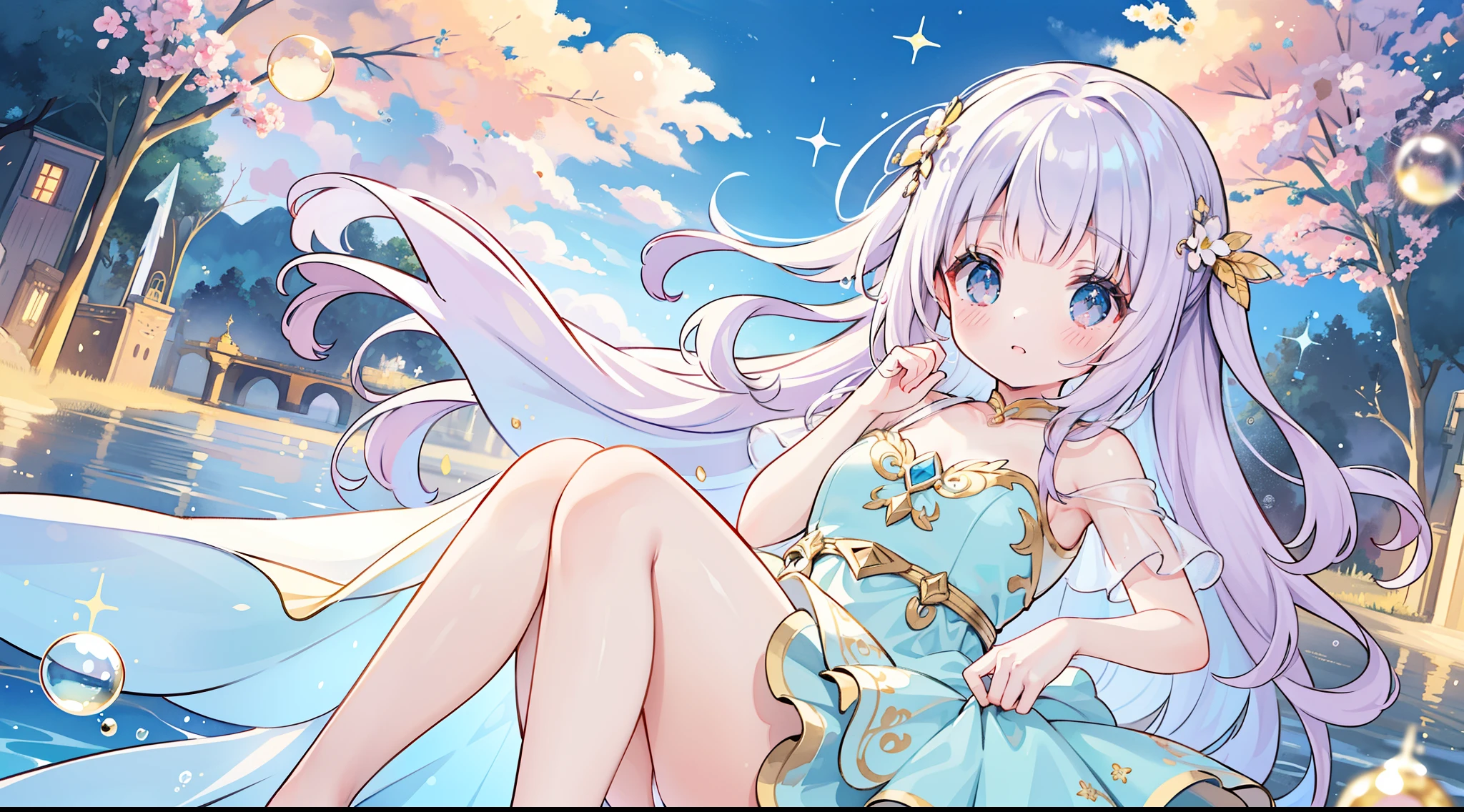 masterpiece, best quality, 8k resolution, sharp focus, intricate detail, beautiful girl, sparkling eyes, golden ratio face, otherworldly liquid, watercolor, pastel colors, bright colors, whimsical, colorful, sharp focus, high resolution, fine detail, princess fantasy flowing ballgown, ((round eyes)), iridescent bubbles, castle landscape in background