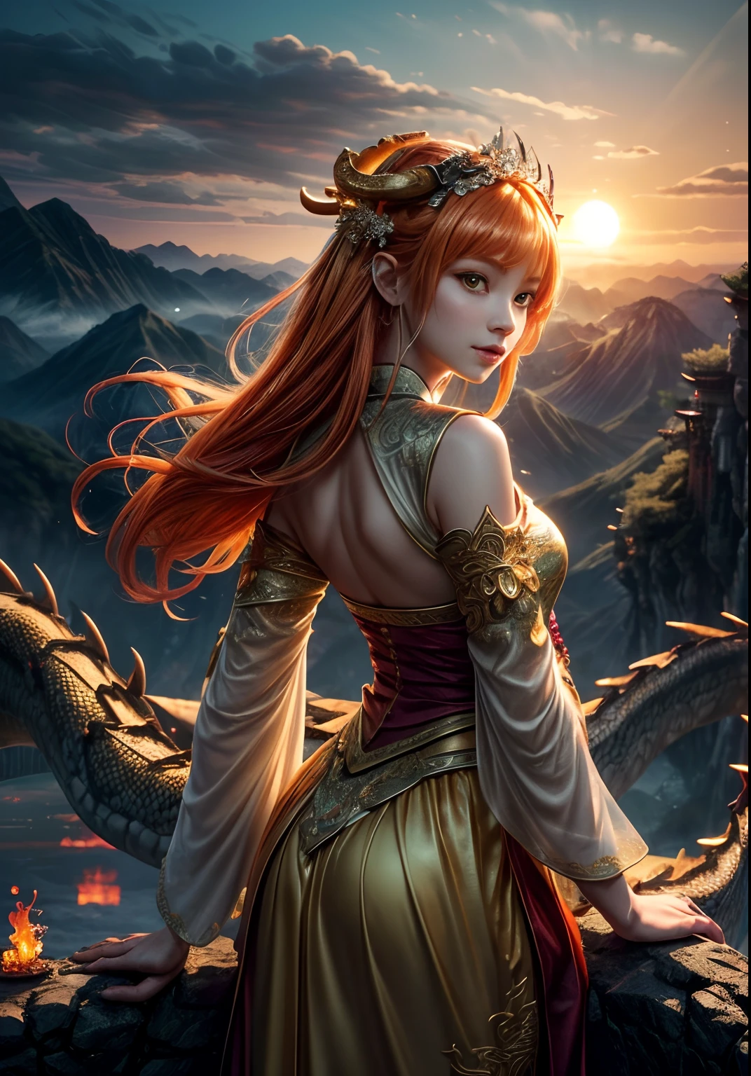 (The Girl and the Dragon, realisti, photo-realistic: 1.3), Extremely refined and beautiful, astounding, finely detail, (the best illustration), (better shadow), an intricate, (((Behind the Orange Chinese Dragon (dragon: 1.4))), Surrounded by flames, Black Mountains, the trees, magma, the wind, Long wavy body, fangs, Fantasy, mythology, hiquality, higly detailed, Epic, particle fx, Dynamic Effects, Surround sound, Clouds, Sundown, sharp-focus, volumetric fog, 8K Ultra HD, dslr, hiquality, (film grains: 1.4), Fujifilm XT3,official arts, 统一 8k 壁纸, Super detailed, Beautiful and beautiful, beste-Qualit, (Tangled, Tangled), (s fractal art: 1.4), Gorgeous Hanfu short skirt, bellybutton, A highly detailed, dinamic angle, (The most beautiful chaotic shape), stream, (bright colours), OC, (half: 1.2), (band: 1.3), (dream: 1.5), (Hanfu: 1.5), (ssmile: 0.5), intrikate, ultra detialed, (skin dentation), woman's, Detailed body, (Detailed Face: 1.1), The Magnificent Goddess, Meditative Buddha-figure, Absurd long hair, pale golden eyes, looking at the audience, Subtle patterns, gems, a gold, diamonds, thin feathers,,, surround light, holiness, back light, On the contrary, Girl with horn ornament on her head, Girl with orange hair