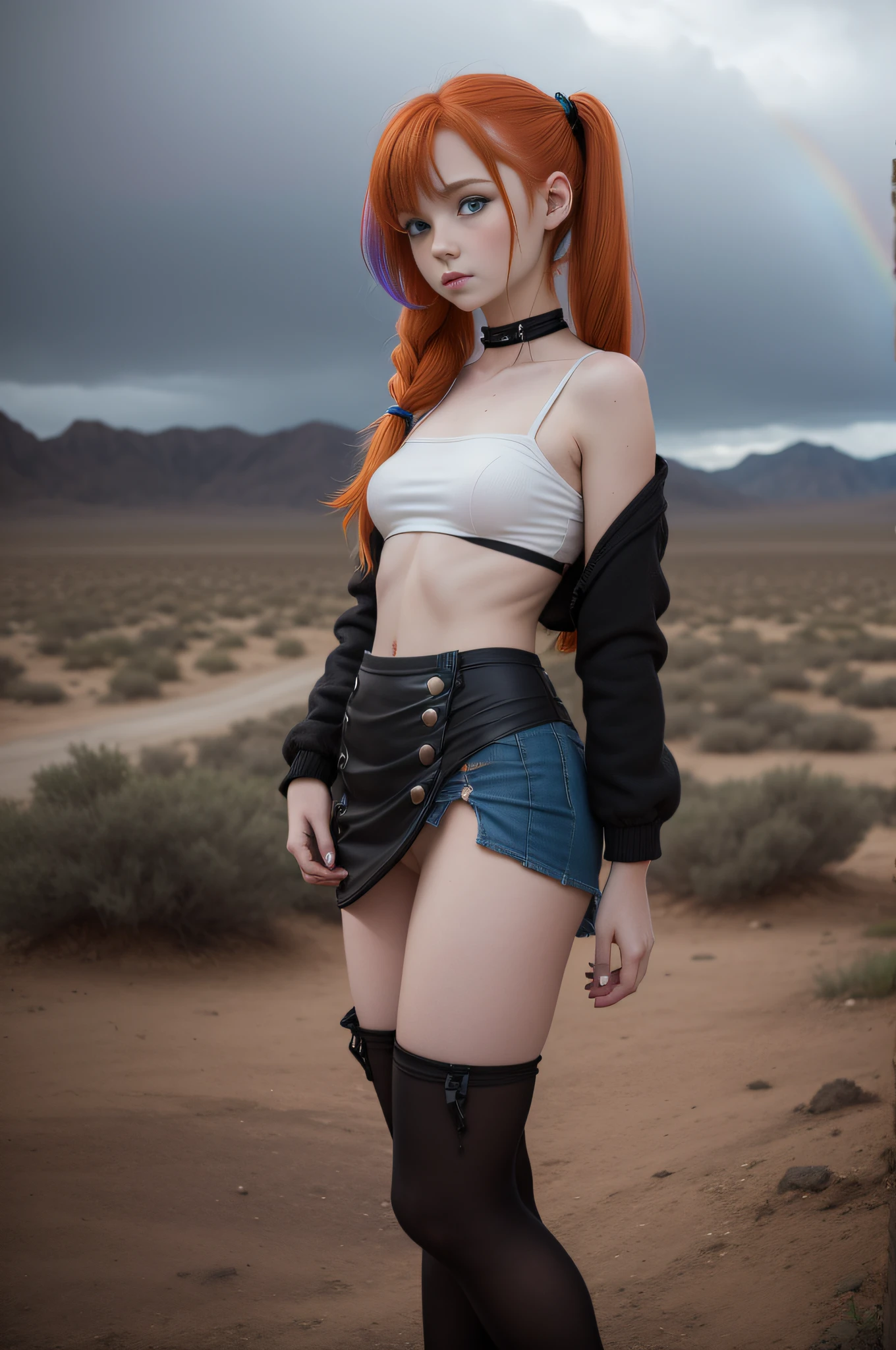 1 girl, solo, (nsfw), cute redhead 18-year-old girl in twin tails, ((perfect female body)) multiple (rainbow colored hair: 1.2), (beautiful detailed blue eyes: 1.6), (photo realistic eyes: 1.6), happy, Ukrainian, (petite body), ((small hips)), pale white skin, (mini skirt and tube top), (matte black pantyhose: 1.6), post apocalyptic background, bleak barren desert, very dark cloud covered sky, photo realistic.