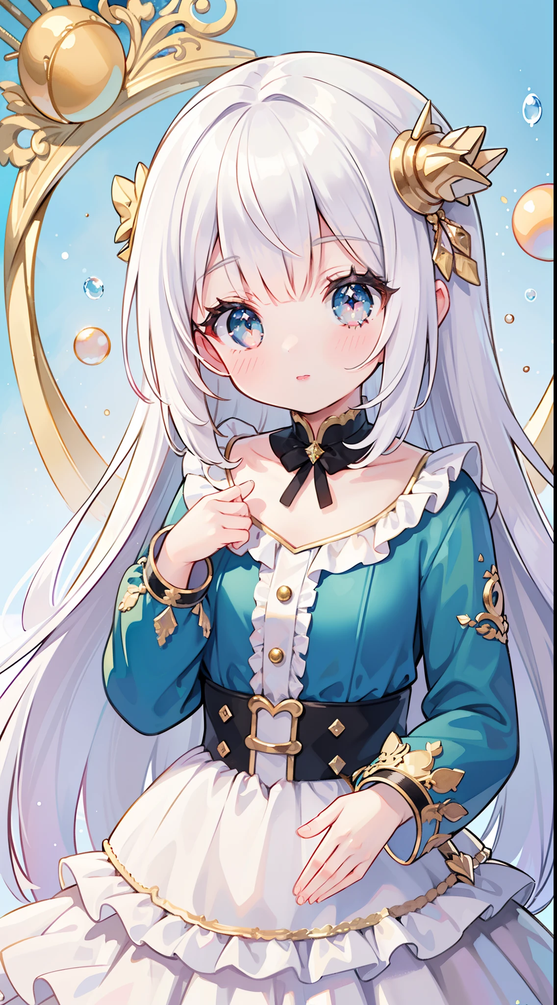 masterpiece, best quality, 8k resolution, sharp focus, intricate detail, beautiful girl, sparkling eyes, golden ratio face, otherworldly liquid, watercolor, bright colors, whimsical, colorful, sharp focus, high resolution, fine detail, ((layered tiered puffy long sleeves ballgown)), ((round eyes)), iridescent bubbles, fantasia background