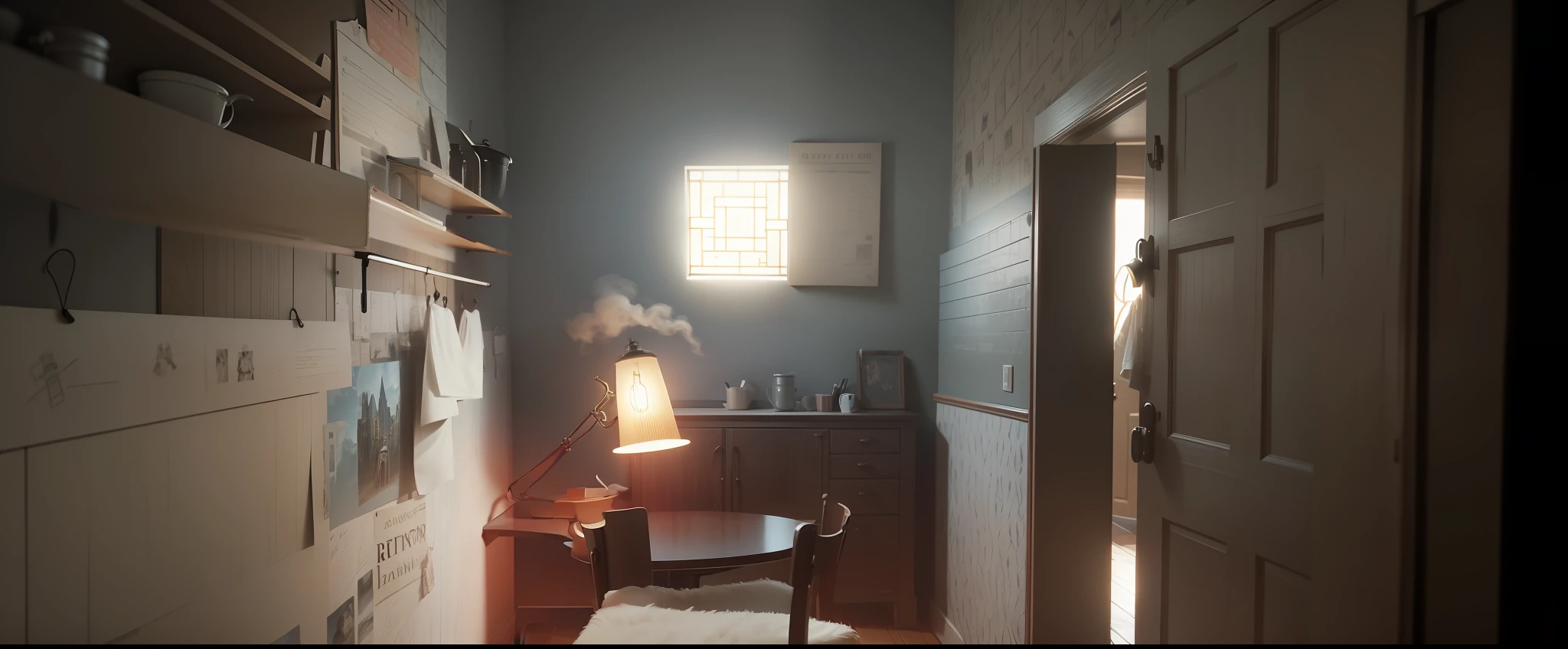 Create realistic movie set renderings,Republican era,Small study,There is a kerosene lamp on the tabletop,There are some brush writing hanging on the wall,extreme hight detail,cinmatic lighting。