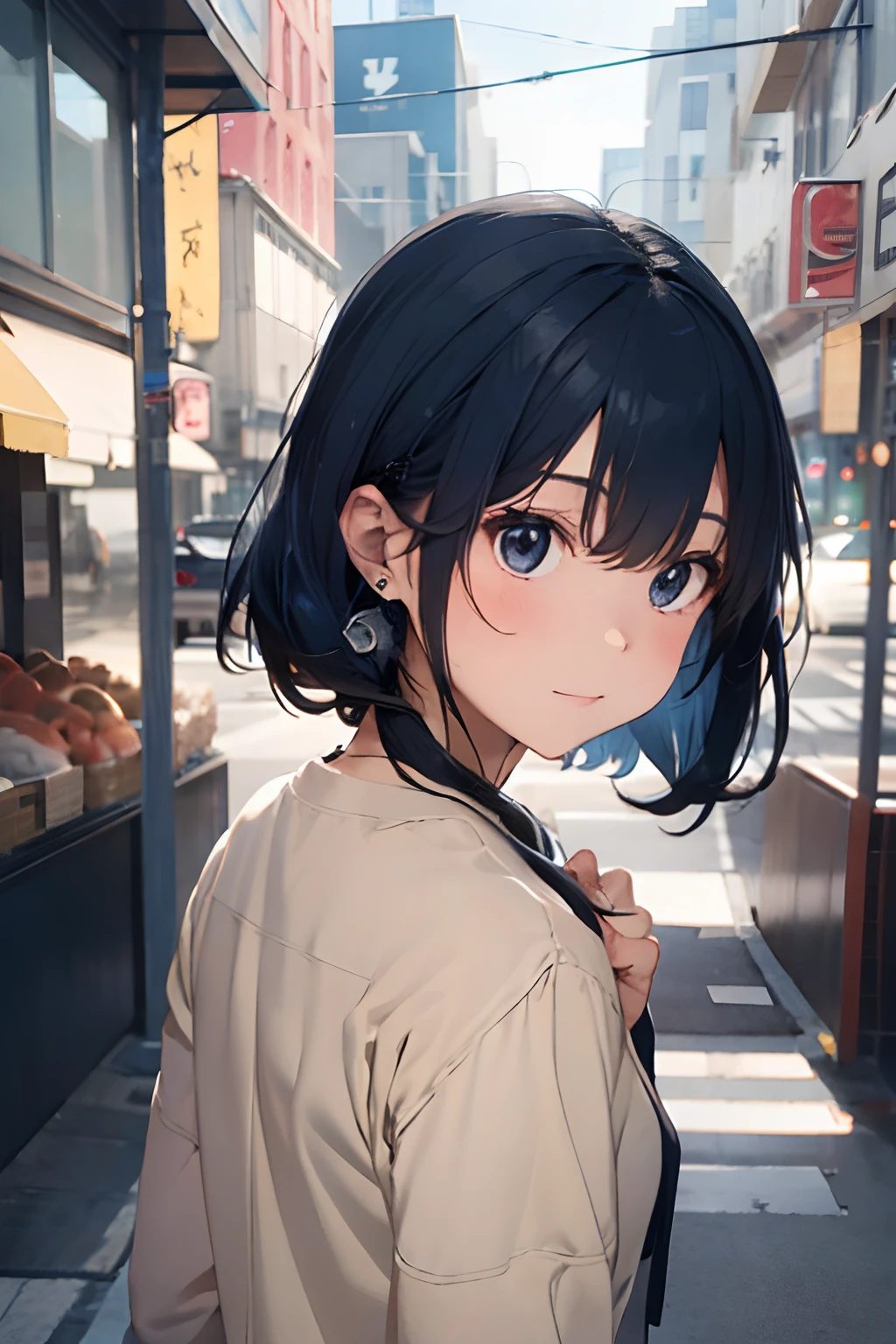 lovely girl with navy blue hair and crab claw clip, wearing beige shirt