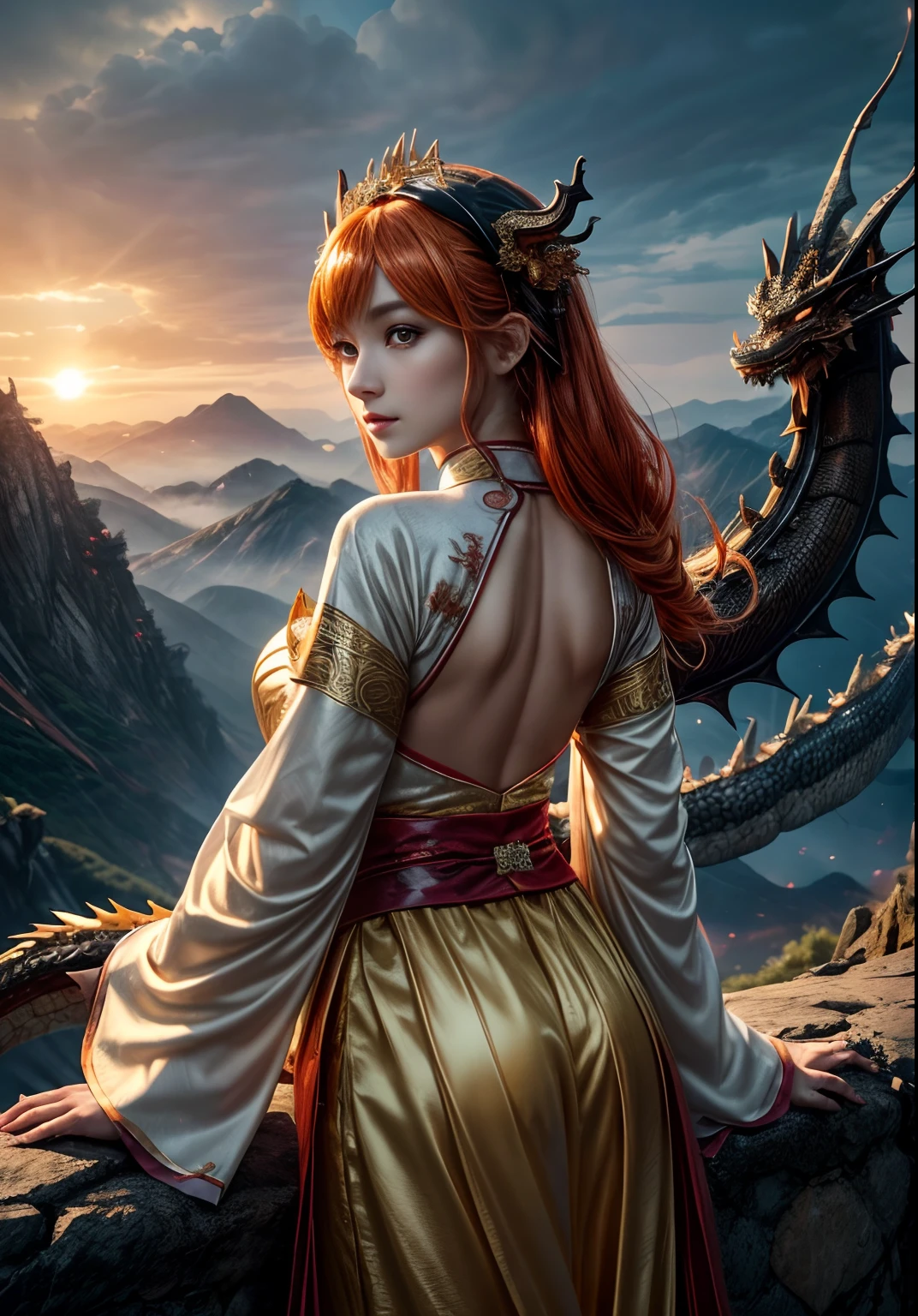 girl and ((dragon, realisti, photo-realistic: 1.3)), Extremely refined and beautiful, astounding, finely detail, (the best illustration), (better shadow), an intricate, (((Behind the Orange Chinese Dragon (dragon: 1.4))), Surrounded by flames, Black Mountains, the trees, magma, the wind, Long wavy body, fangs, Fantasy, mythology, hiquality, higly detailed, Epic, particle fx, Dynamic Effects, Surround sound, Clouds, Sundown, sharp-focus, volumetric fog, 8K Ultra HD, dslr, hiquality, (film grains: 1.4), Fujifilm XT3,official arts, 统一 8k 壁纸, Super detailed, Beautiful and beautiful, beste-Qualit, (Tangled, Tangled), (s fractal art: 1.4), Gorgeous Hanfu short skirt, bellybutton, A highly detailed, dinamic angle, (The most beautiful chaotic shape), stream, (bright colours), OC, (half: 1.2), (band: 1.3), (dream: 1.5), (Hanfu: 1.5), (ssmile: 0.5), intrikate, ultra detialed, (skin dentation), woman's, Detailed body, (Detailed Face: 1.1), The Magnificent Goddess, Meditative Buddha Image, Absurd long hair, pale golden eyes, looking at the audience, Subtle patterns, gems, a gold, diamonds, thin feathers,surround light, holiness, back light, On the contrary, Girl with horn ornament on her head, Girl with orange hair
