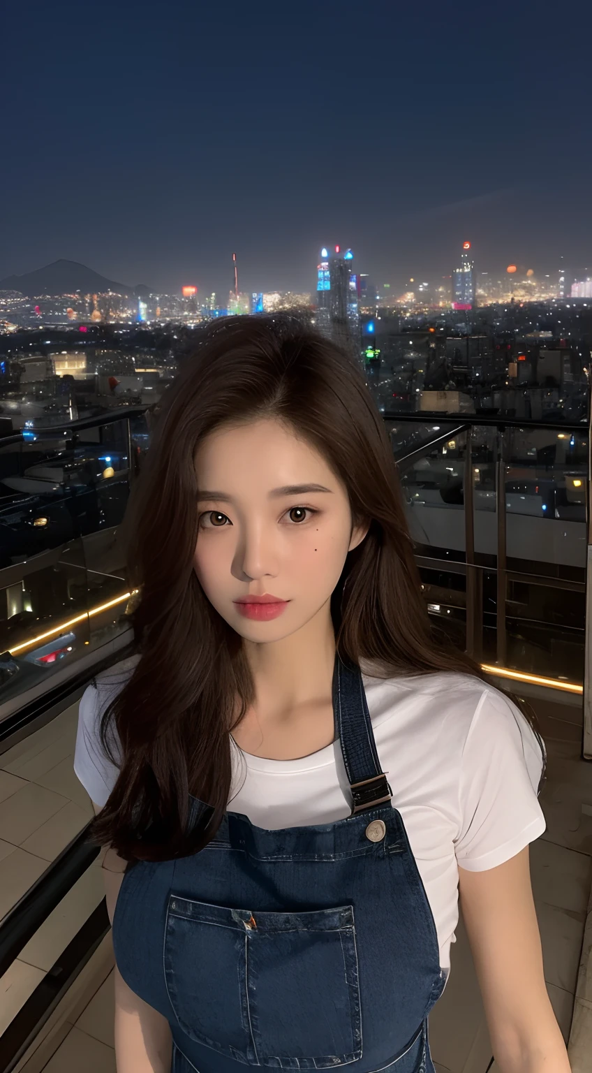 ((Midnight, Best quality, 8k, Masterpiece :1.3)), Whole body, Long legs, Sharp focus :1.2, A pretty woman with perfect figure :1.4, Slender abs :1.1, ((Dark brown hair, Big breasts :1.2)), (White tight tshirt, Jean bib, Standing:1.2), ((Night city view, Rooftop:1.3)), Highly detailed face and skin texture, Detailed eyes, Double eyelid