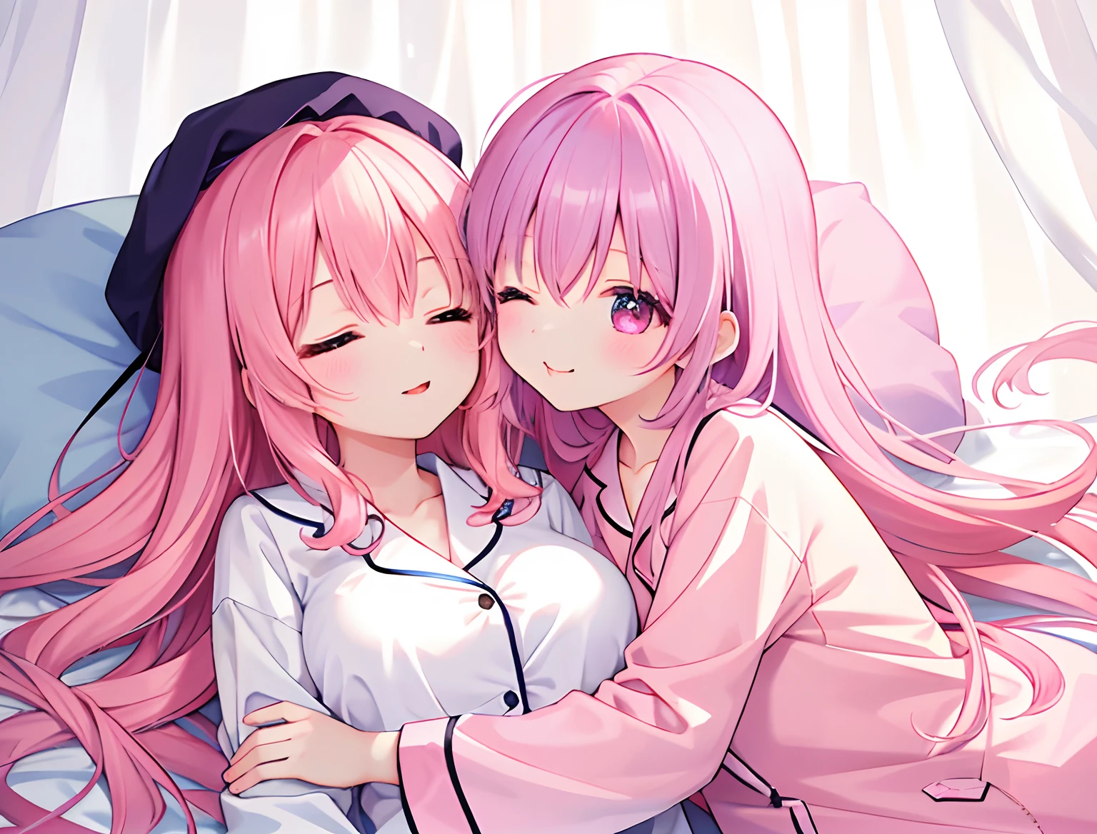 (Highest quality), (masterpiece), highly detailed, Ultra-high resolution, 2 girls, body, Sisters sleeping side by side, close together, ベッドで裸にパンティストッキングで開脚して私と陰茎生挿入種付け中出しセックス中に私の陰茎を挿入した状態でSleeping with eyes closedIchikaとその隣で裸にパンティストッキングで開脚して私の陰茎を挿入したままの状態で尿道からお漏らししてSleeping with eyes closedNino, Two whole bodies, Eyes that are uniform in shape, She has pubic hair growing, Beautiful Vagina, White semen is spilling out from the gap between her vagina and my penis inserted in her vagina., A small cross-section of a uterus with a penis expelling semen in the background, Pink Hair, Asymmetrical Very Short Hair, Small Breasts, Sleeping with eyes closed,