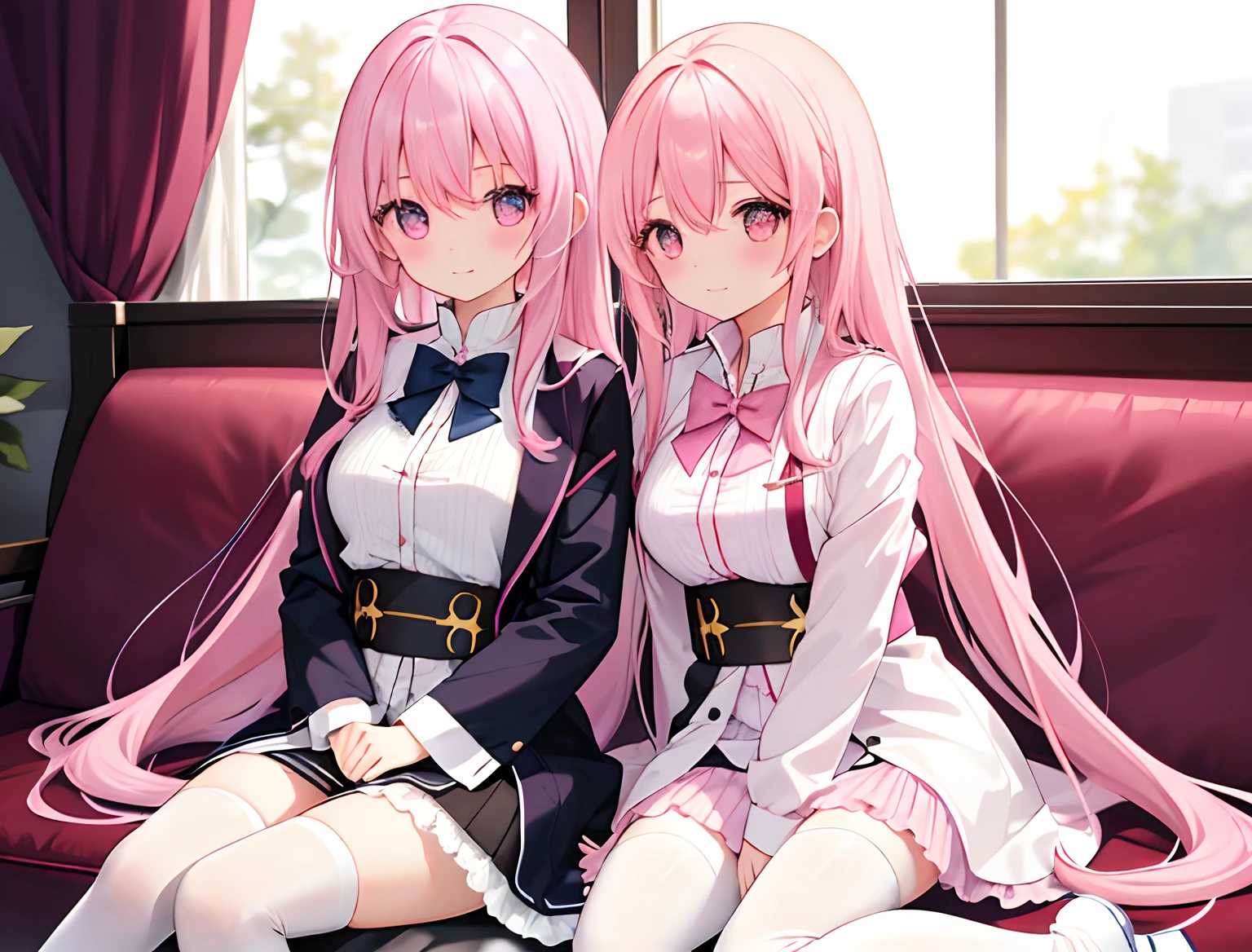 2girls,A pink-haired,long whitr hair,mediuml breasts,比基尼,Breast collision,Light panties,white stockings,Sit with your legs in your arms