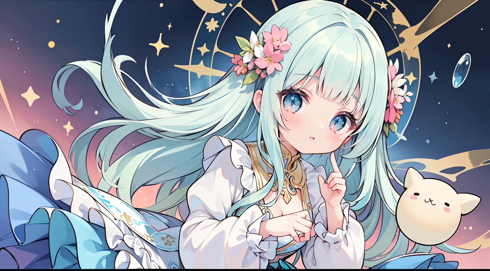 masterpiece, best quality, 8k resolution, sharp focus, intricate detail, beautiful girl, sparkling eyes, golden ratio face, otherworldly liquid, watercolor, muted colors, bright colors, whimsical, colorful, sharp focus, high resolution, fine detail, ((layered tiered puffy long sleeves ballgown)), ((round eyes)), iridescent bubbles, fantasia background