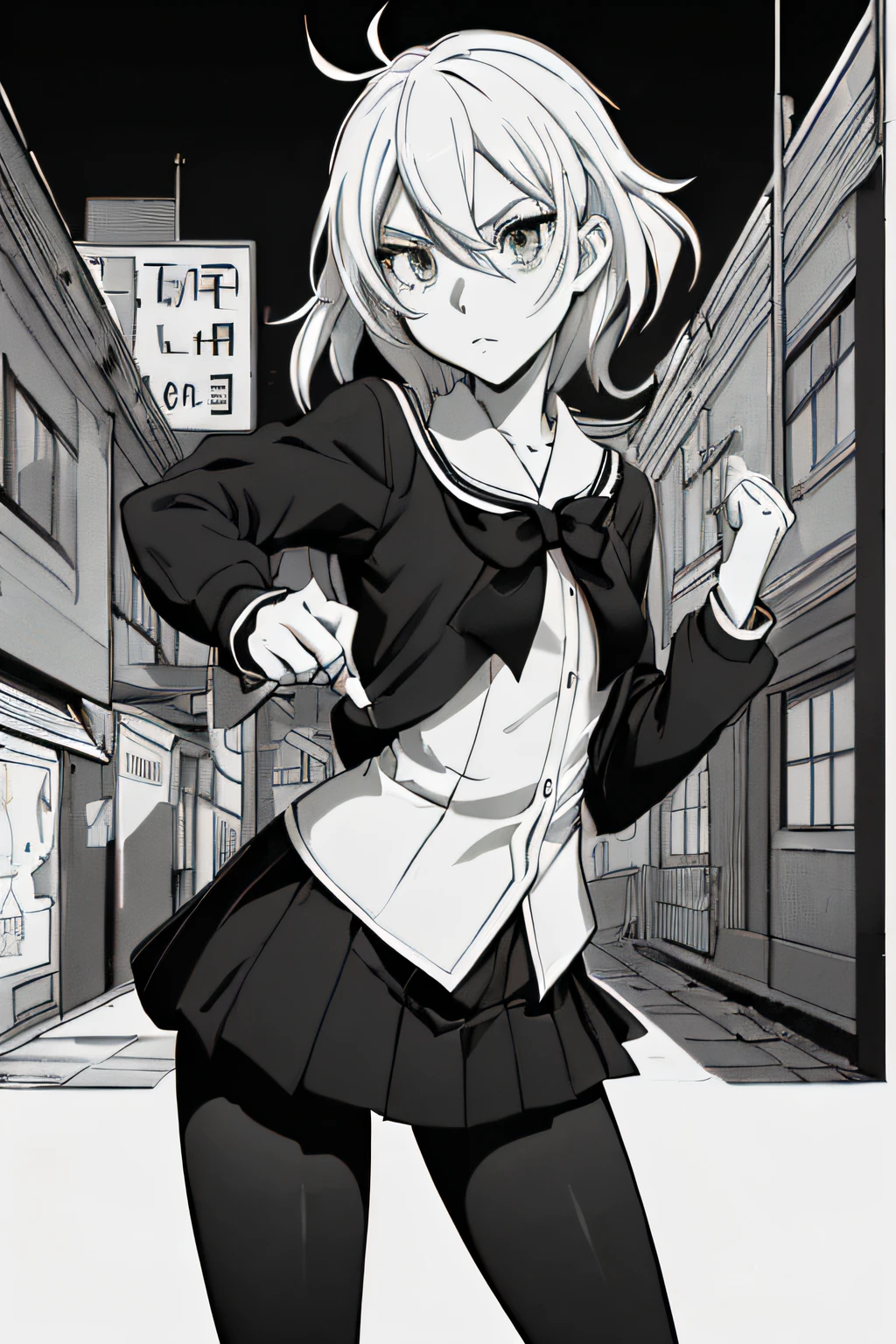 (Comic Noir Style),(linear art_Anime),(black-and-white_High contrast),(masutepiece, Best Quality, ),(Loravard Photos:1.2),(Lora Add Details:1.2),8K, Flat color:1.2,1girl in,hi-school girl、school  background、actionpose