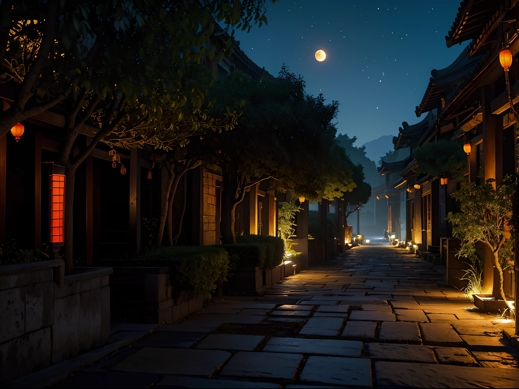 Official Art, Ancient China, Ancient Streets, (Lots of Fireflies), (Night), (Moon), Lights, Beautiful Landscapes, Epic Landscapes, Realistic Lights, Masterpiece, High Quality, Beautiful Graphics, High Detail , Global Illumination, Unreal Engine Rendering, Octane Rendering, (HDR: 1.3)