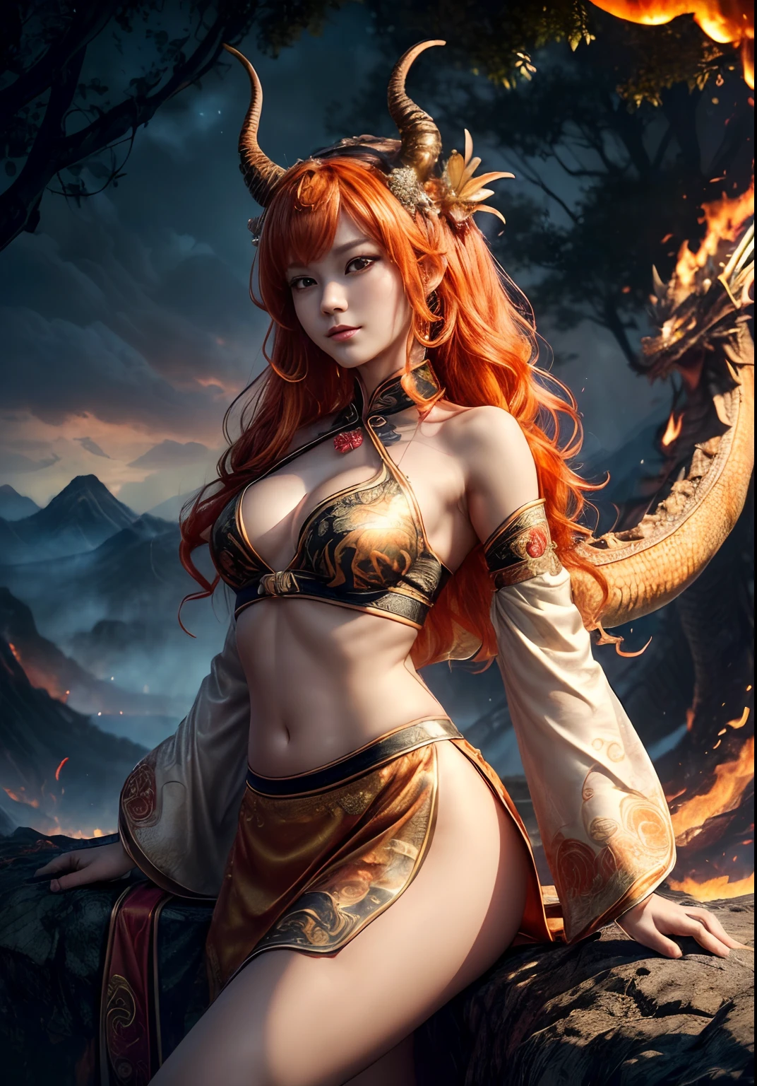 ((realisti, photo-realistic: 1.3), Extremely refined and beautiful, astounding, finely detail, an intricate, (((Behind the Orange Chinese Dragon (dragon: 1.4, Surrounded by flames, Black Mountains, the trees, magma, the wind, Long wavy body, hiquality, higly detailed, Epic))), particle fx, Dynamic Effects, Surround sound, Clouds, Sundown, sharp-focus, volumetric fog, 8K Ultra HD, dslr, hiquality, (film grains: 1.4), Fujifilm XT3,official arts, 统一 8k 壁纸, Super detailed, Beautiful and beautiful, beste-Qualit, (s fractal art: 1.4), A girl, Gorgeous Hanfu short skirt, bellybutton, A highly detailed, dinamic angle, (The most beautiful chaotic shape), stream, (bright colours), OC, (half: 1.2), (band: 1.3), (dream: 1.5), (Hanfu: 1.5), (ssmile: 0.5), intrikate, ultra detialed, (skin dentation), woman's, Detailed body, (Detailed Face: 1.1), The Magnificent Goddess, Meditative Buddha Image, Absurd long hair, pale golden eyes, looking at the audience, Subtle patterns, gems, a gold, diamonds, thin feathers,,,,,surround light, holiness, back light, On the contrary, Girl with horn ornament on her head, Girl with orange hair