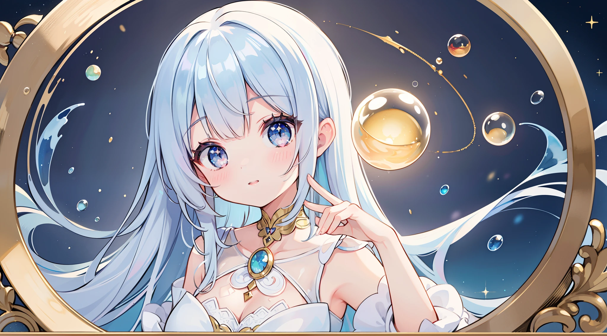 masterpiece, best quality, 8k resolution, sharp focus, intricate detail, beautiful girl, sparkling eyes, golden ratio face, otherworldly liquid, watercolor, pastel colors, bright colors, whimsical, colorful, sharp focus, high resolution, fine detail, fantasy ballgown, ((round eyes)), iridescent bubbles, magical