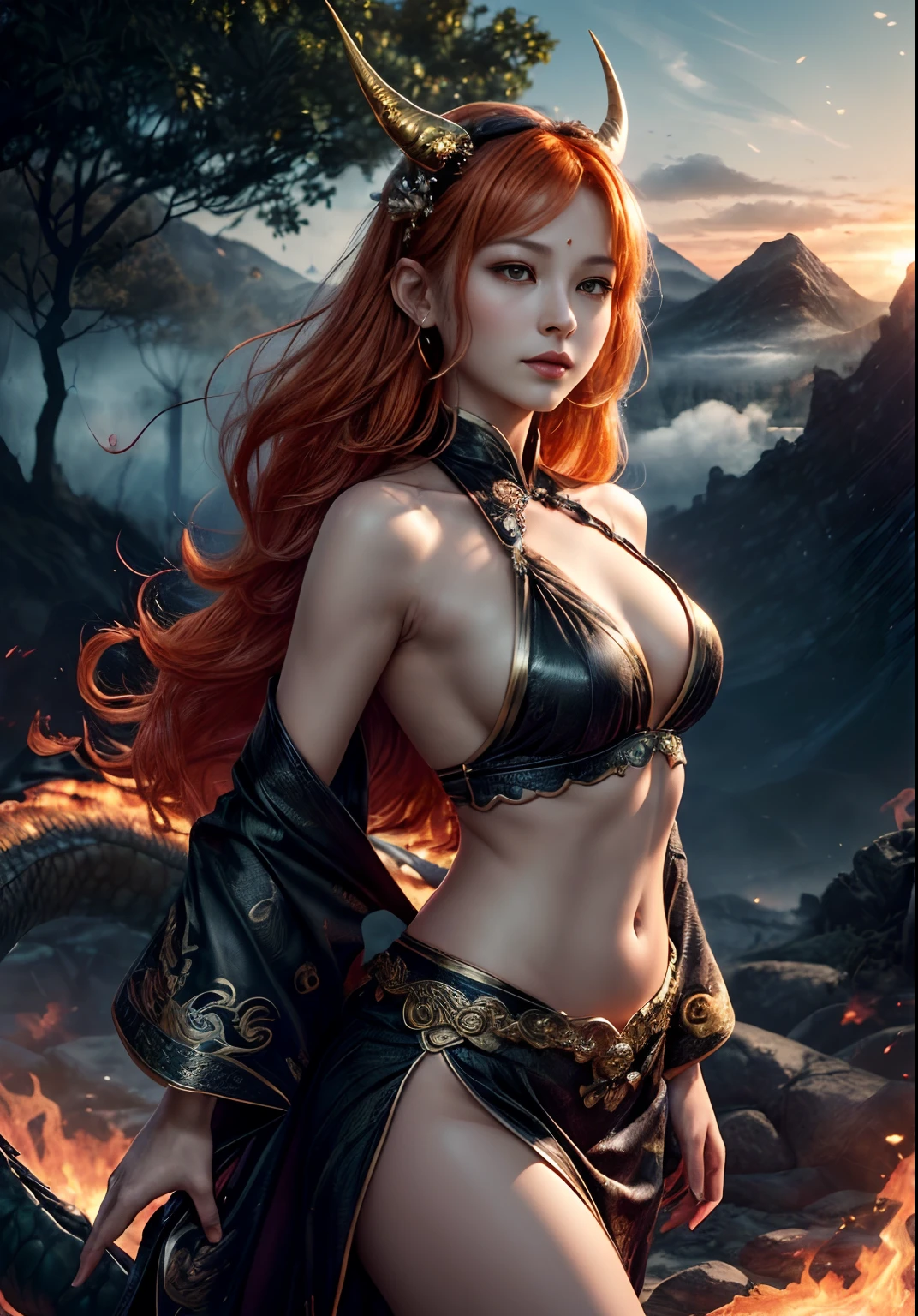 ((realisti, photo-realistic: 1.3), Extremely refined and beautiful, astounding, finely detail, an intricate, (((Dragon (dragon: 1.4, Surrounded by flames, Black Mountains, the trees, magma, the wind, Long wavy body, hiquality, higly detailed, Epic))), particle fx, Dynamic Effects, Surround sound, Clouds, Sundown, sharp-focus, volumetric fog, 8K Ultra HD, dslr, hiquality, (film grains: 1.4), Fujifilm XT3,official arts, 统一 8k 壁纸, Super detailed, Beautiful and beautiful, beste-Qualit, (s fractal art: 1.4), A girl, Gorgeous Hanfu short skirt, bellybutton, A highly detailed, dinamic angle, (The most beautiful chaotic shape), stream, (bright colours), OC, (half: 1.2), (band: 1.3), (dream: 1.5), (Hanfu: 1.5), (ssmile: 0.5), intrikate, ultra detialed, (skin dentation), woman's, Detailed body, (Detailed Face: 1.1), The Magnificent Goddess, Meditative Buddha-figure, Absurd long hair, pale golden eyes, looking at the audience, Subtle patterns, gems, a gold, diamonds, thin feathers,,,,,,surround light, holiness, back light, On the contrary, Girl with horn ornament on her head, Girl with orange hair