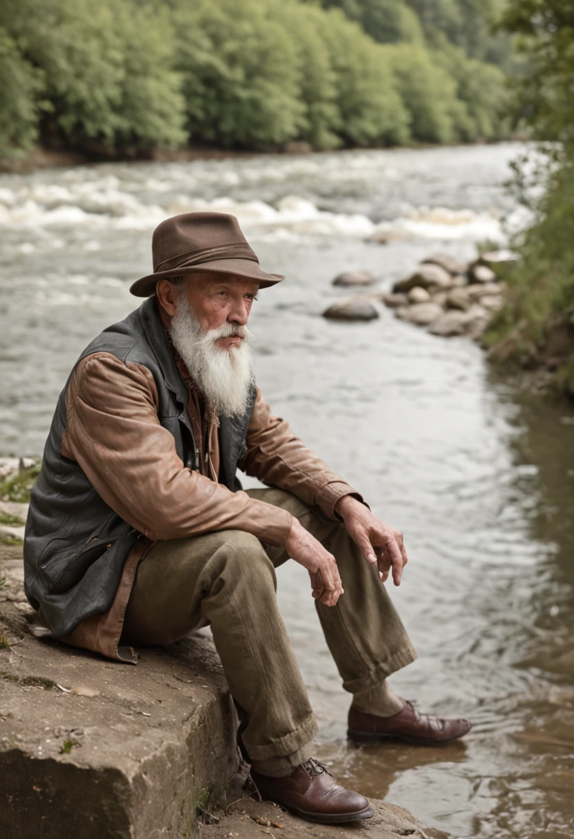 one old tramp with a long beard , a hat and a burdle, sitting by the river to watch the water flowing, depicted on the right side of the picture, face in direction of the flow, high resolution, hyperdetailed, hyperealistic, sharp focus, photo realistic, intricate details,