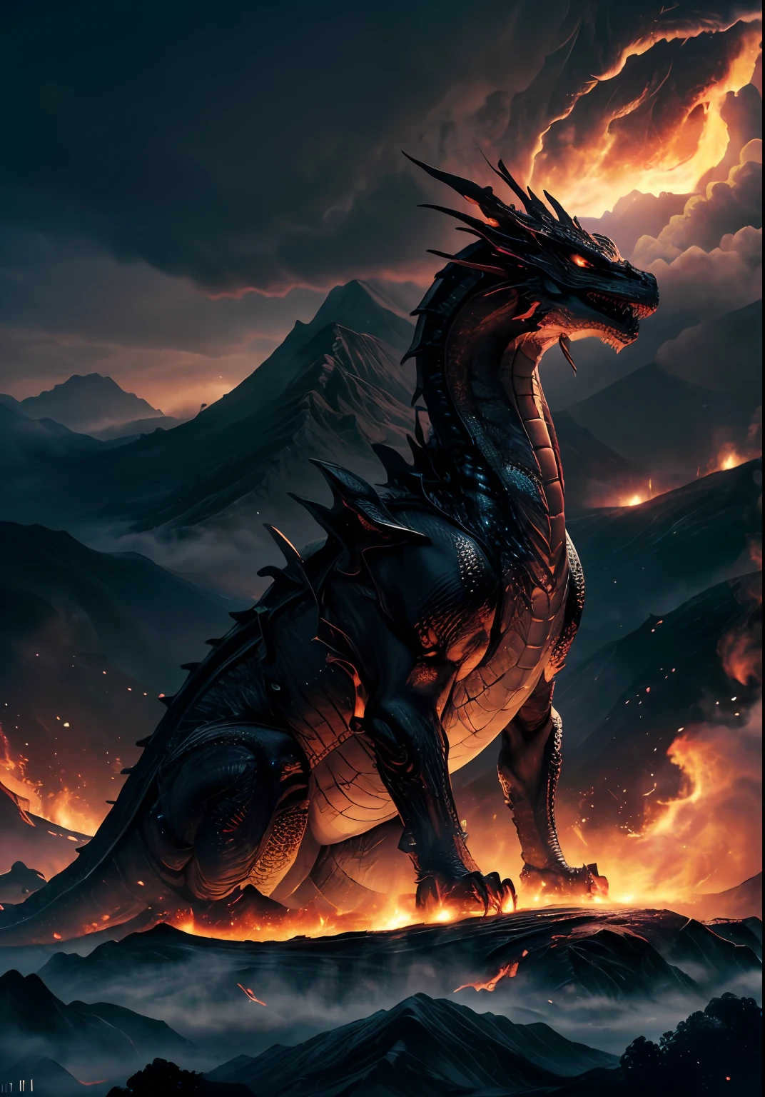 ((realisti, photo-realistic: 1.3), Extremely refined and beautiful, astounding, finely detail, an intricate, (((dragon, Surrounded by flames, Black Mountains, the trees, magma, the wind, Long wavy body, hiquality, higly detailed, Epic))), particle fx, Dynamic Effects, Surround sound, Clouds, Sundown, sharp-focus, volumetric fog, 8K Ultra HD,  dslr, hiquality, (film grains: 1.4), Fujifilm XT3,official arts, 统一 8k 壁纸,surround light, holiness, back light, On the contrary