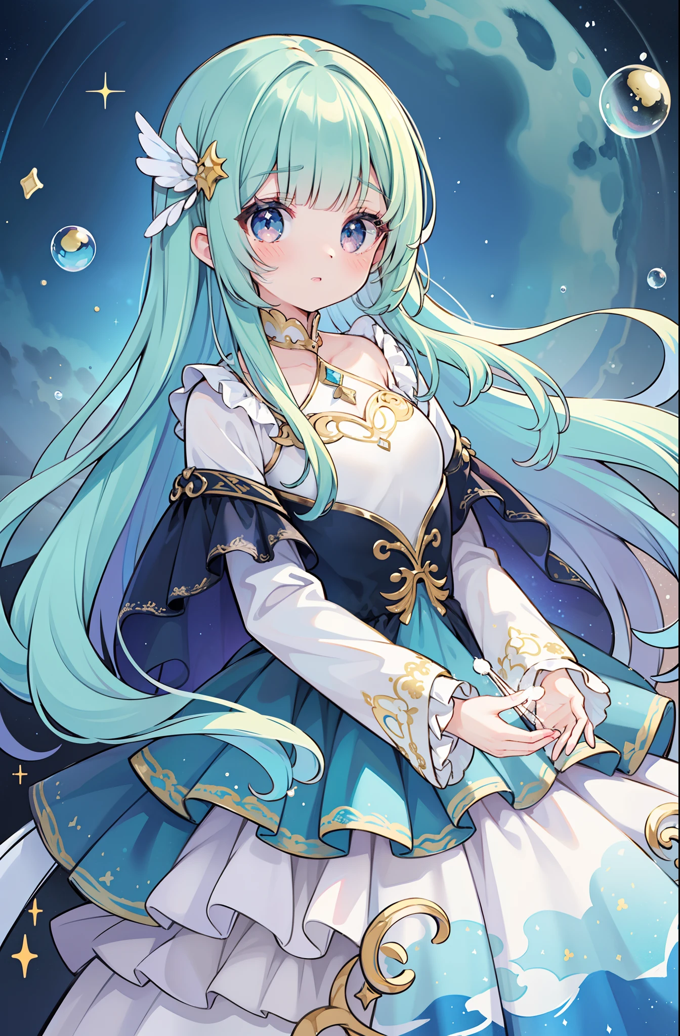 masterpiece, best quality, 8k resolution, sharp focus, intricate detail, beautiful girl, sparkling eyes, golden ratio face, otherworldly liquid, watercolor, cool colors, bright colors, whimsical, colorful, sharp focus, high resolution, fine detail, ((layered tiered puffy long sleeves ballgown)), ((round eyes)), iridescent bubbles, fantasia background