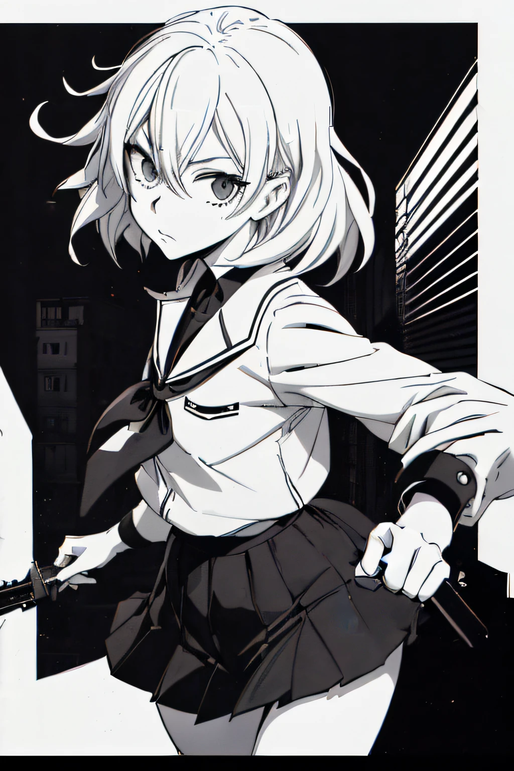 (Comic Noir Style),(linear art_Anime),(black-and-white_High contrast),(masutepiece, Best Quality, ),(Loravard Photos:1.2),(Lora Add Details:1.2),8K, Flat color:1.2,1girl in,hi-school girl、school  background、actionpose