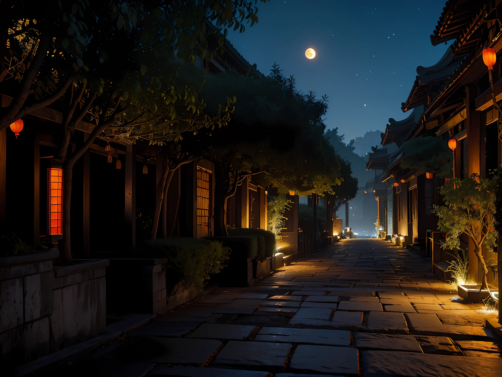 Official Art, Ancient China, Ancient Streets, (Lots of Fireflies), (Night), (Moon), Lights, Beautiful Landscapes, Epic Landscapes, Realistic Lights, Masterpiece, High Quality, Beautiful Graphics, High Detail , Global Illumination, Unreal Engine Rendering, Octane Rendering, (HDR: 1.3) , man, car