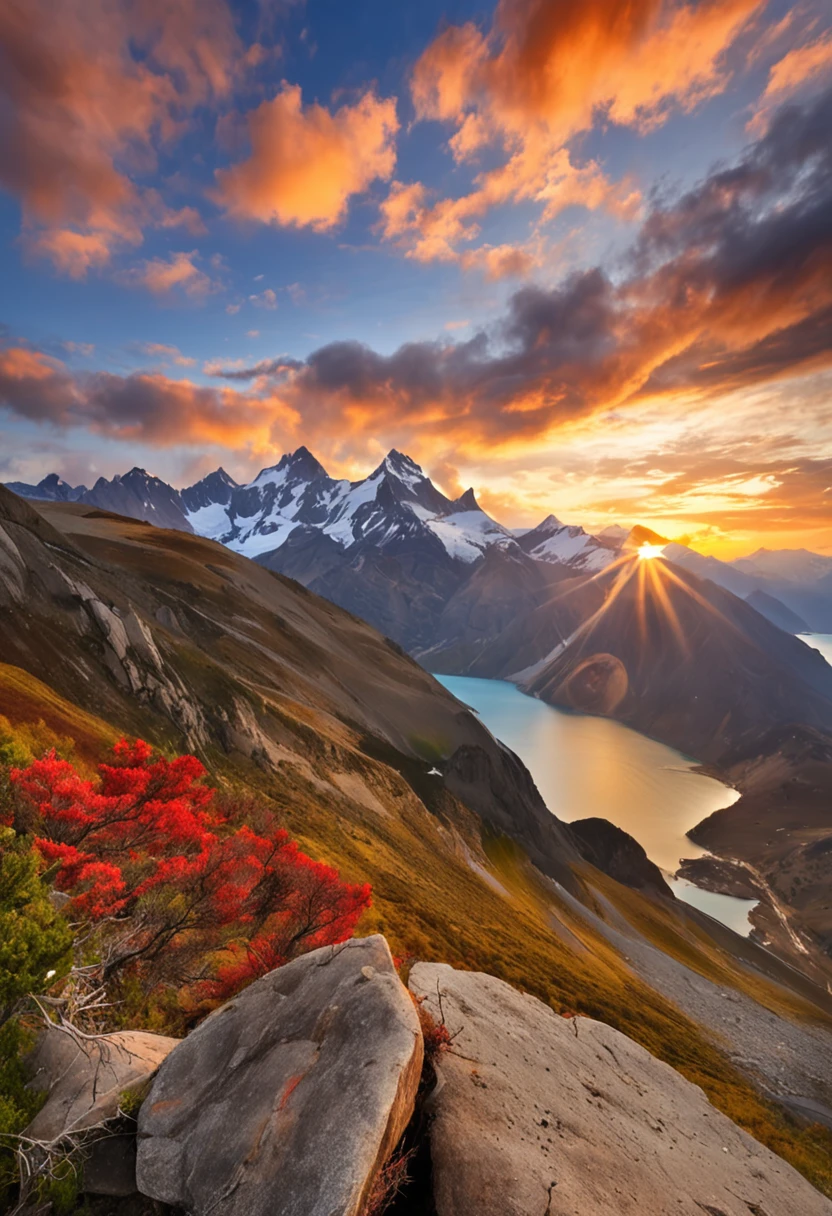 a view of a lake with mountains in the background, patagonian, extraordinary colorful landscape, epic beautiful landscape, majestic nature scenery, mountains and colorful sunset!!, dramatic mountains in background, spectacular mountains, chile, epic and stunning, incredibly beautiful, natural landscape beauty, an amazing landscape image, fantastic landscape, majestic landscape, dramatic mountain background, beautiful scenic landscape, amazing landscape, sunset, lens flare,