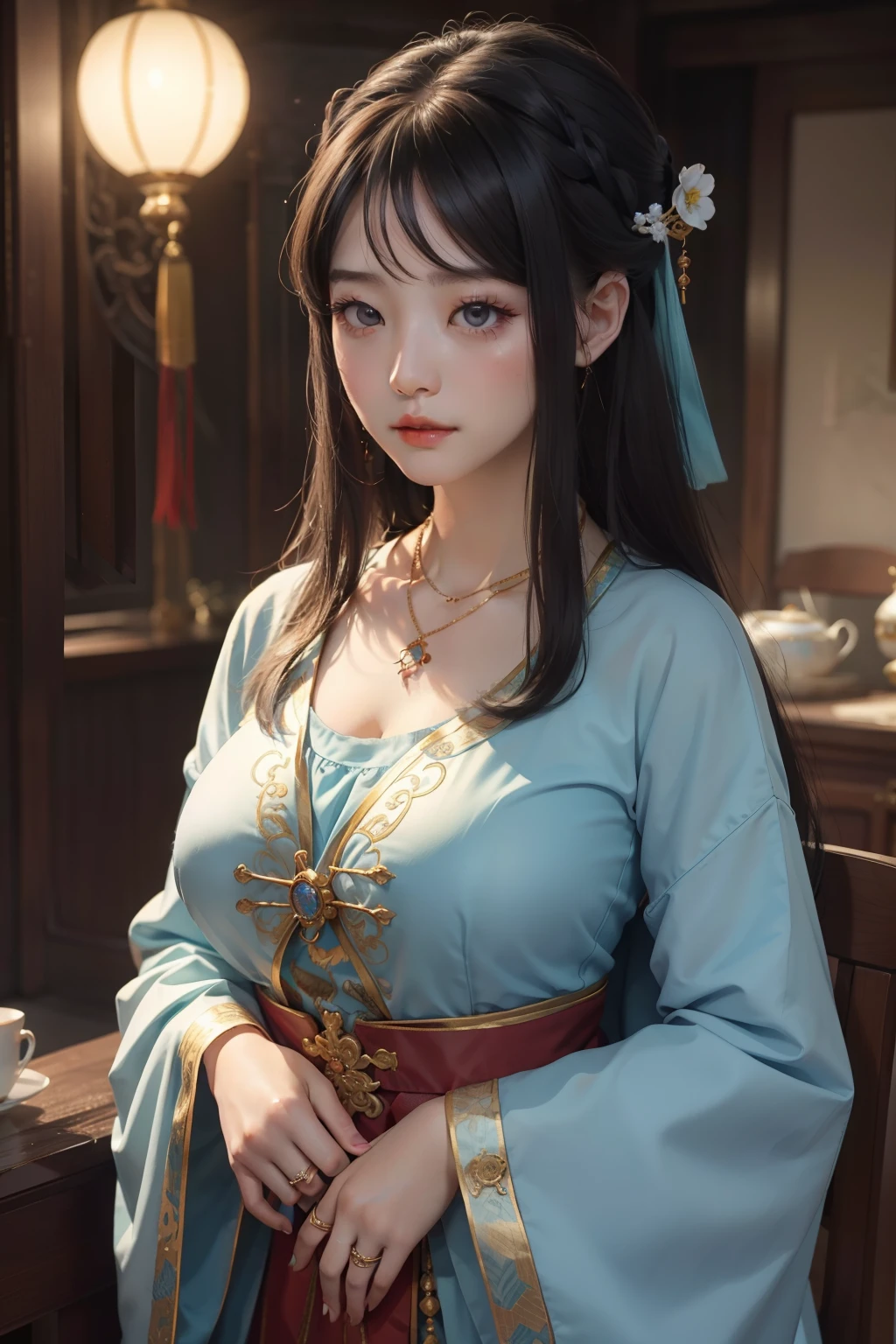 Close-up of a woman wearing a necklace and ring, a colorized photo inspired by Du Qiong, Tumblr, Realism, Guviz, Palace ， A girl in Hanfu, Chinese girl, Traditional beauty, Guviz-style artwork, Anime girl in real life, 8K)), kanliu666, wan adorable korean face，Super big breasts，exposed